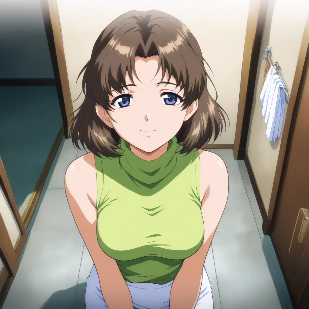 masterpiece,1girl,solo,looking at viewer,green shirt,white pencil skirt,bare shoulders,turtleneck,sleeveless,<lora:Nadeshiko_Minami ag4o v1:1> nadeshiko_minami, brown hair, short hair, blue eyes,