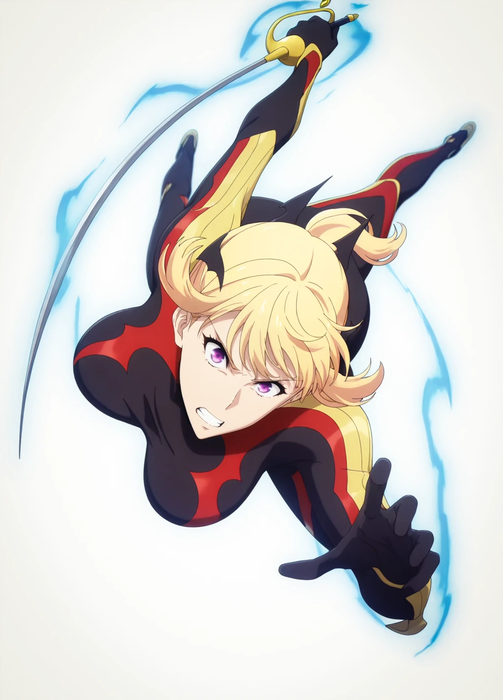 (simple background, white background),
head tilt,dynamic pose,

anime screencap,anime coloring,

(masterpiece, best quality:1.2),
<lora:Hae-In_C2:0.8>,
haein2, 1girl, solo, blonde hair, purple eyes, short hair, bodysuit, open mouth, looking at viewer, hair ornament, breasts, bat hair ornament, black bodysuit,large breasts, rapier, clenched teeth, fighting stance,
blue aura,glowing,

<lora:add-detail-xl:1>