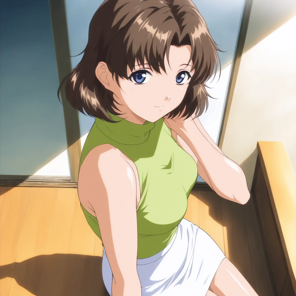 masterpiece,1girl,solo,looking at viewer,green shirt,white pencil skirt,bare shoulders,turtleneck,sleeveless,<lora:Nadeshiko_Minami ag4o v1:1> nadeshiko_minami, brown hair, short hair, blue eyes,