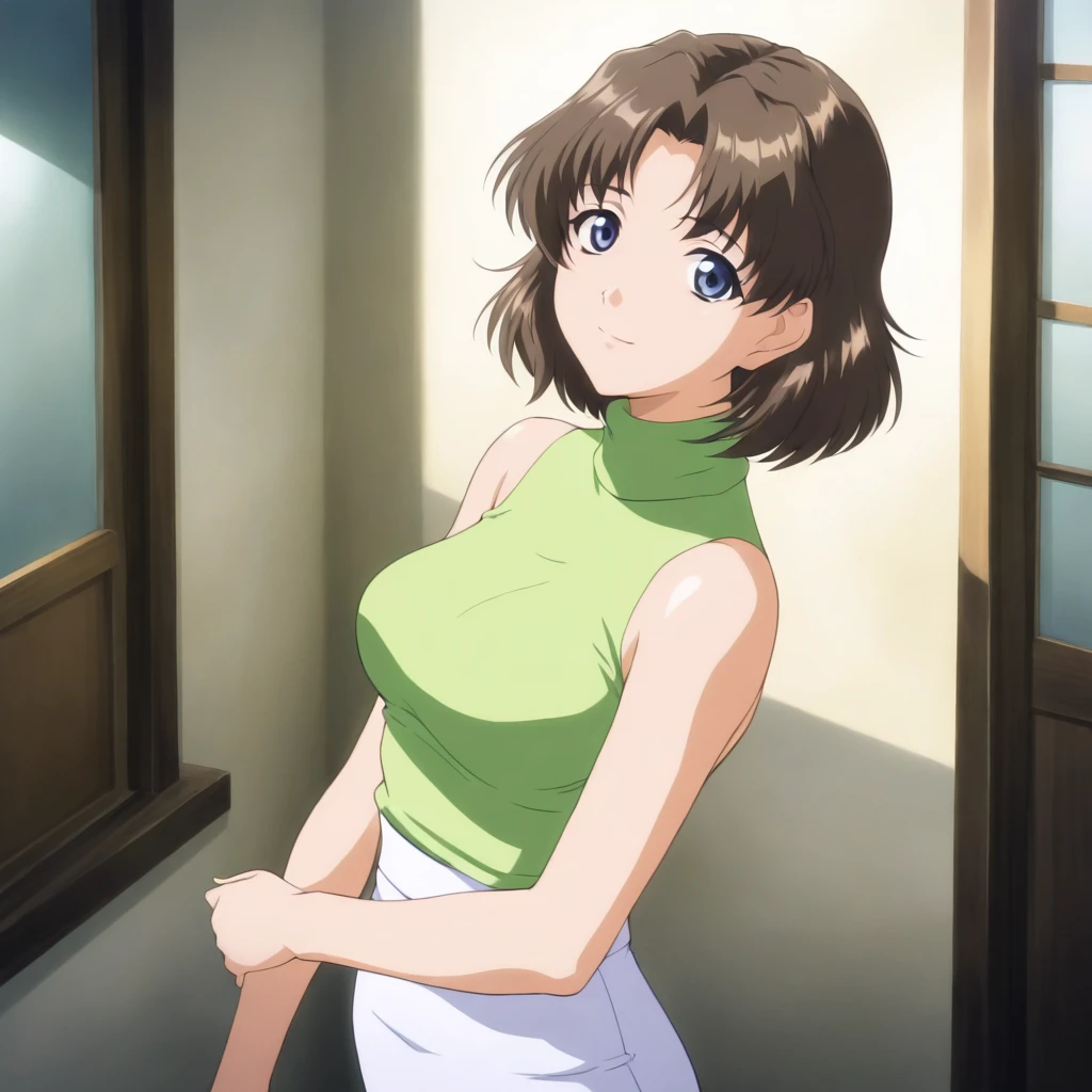 masterpiece,1girl,solo,looking at viewer,green shirt,white pencil skirt,bare shoulders,turtleneck,sleeveless,<lora:Nadeshiko_Minami ag4o v1:1> nadeshiko_minami, brown hair, short hair, blue eyes,
