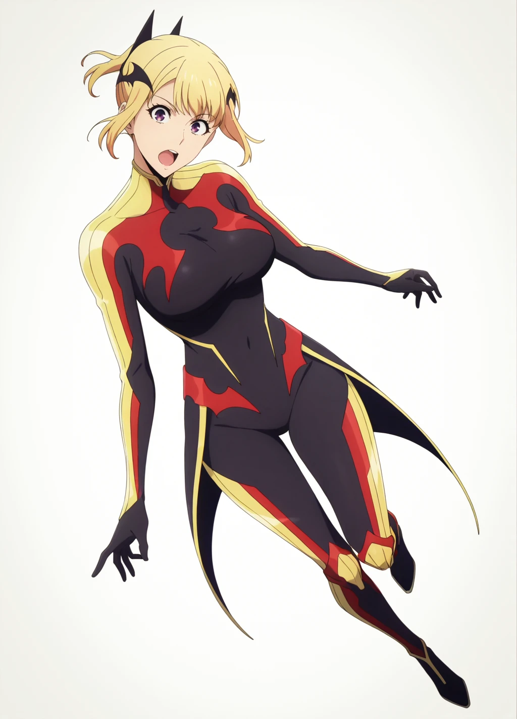 (simple background,white background),
full body,
head tilt,dutch angle,smile,
anime screencap,anime coloring,
(masterpiece, best quality:1.2),
<lora:Hae-In_C2:0.8>,
haein2, 1girl, solo, blonde hair, short hair, bodysuit, open mouth, looking at viewer, hair ornament, breasts, bat hair ornament, black bodysuit,large breasts,purple eyes, skirt,
<lora:add-detail-xl:1>