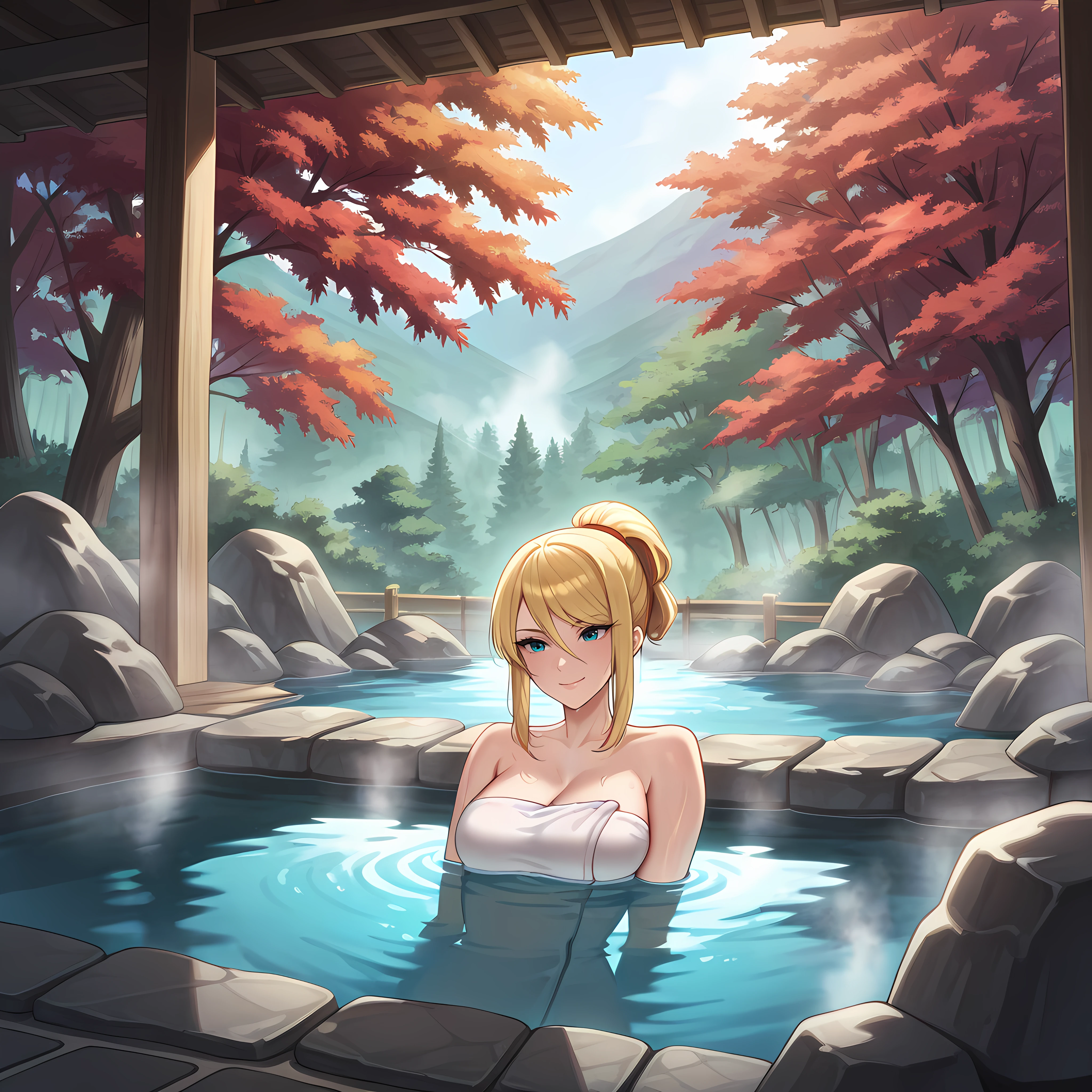 Masterpiece, newest, perfect quality, best quality, 1girl,solo,Samus Aran,smile,wearing towel, h0tspr1ng, water, indoors, onsen, outdoors, red leaves, tree, rock,scenery, partially submerged, steam