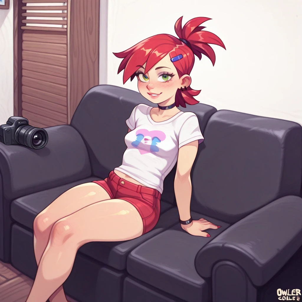 drawn by owler, drawn by cyancapsule, ((frankie_foster\(foster's home for imaginary friend\)), green eyes), [[small breasts]], ((fully clothed)), sitting on couch, zoomed out,
<lora:Casting_Couch:1> c4571ng_c0uch, background, background focus, casting couch, casting_couch, casting, black couch, brown wooden desk, dark carpeting, camera on tripod, plane white walls, white window blinds, girl on couch,