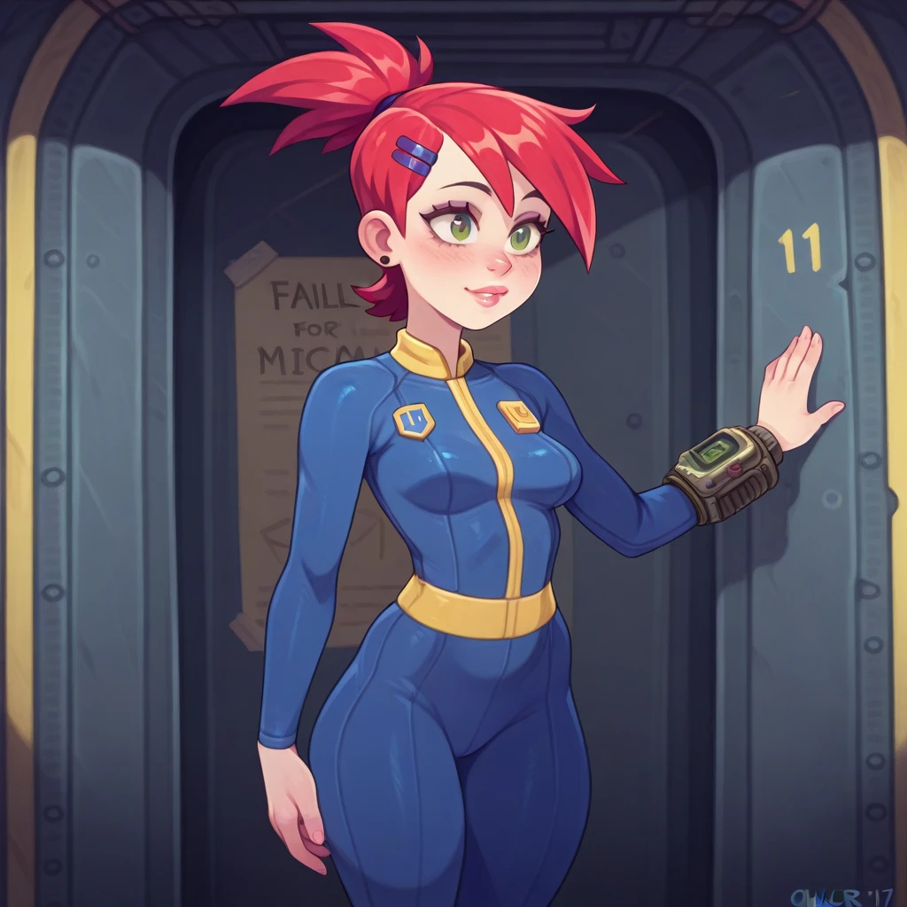 drawn by owler, drawn by cyancapsule, ((frankie_foster\(foster's home for imaginary friend\)), green eyes), [[small breasts]],
<lora:Vaultsuit_with_Pipboy:0.5> v4u175u17, blue vaultsuit, blue vaultsuit_\(fallout\), pip-boy on one arm, blue bodysuit with yellow accent lines, yellow lines on blue clothes, yellow accent line on waist, yellow zipper, fully clothed
<lora:Fallout_Vault_Interior:1> f4110u7_v4u17,  cramped interior, in an underground bunker, Fallout, metal walls, exposed plumbing, retro-futuristic, fallout shelter,