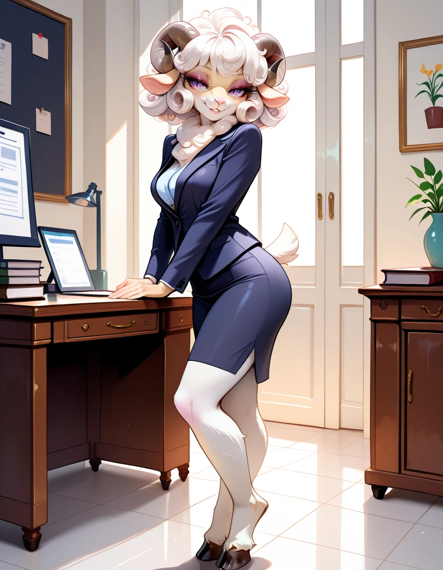 masterpiece, best quality, very aesthetic, absurdres,
indoors, office,
office lady,
full body, posing,
seductive smile, parted lips, long eyelashes,
<lora:Dolly_v02_NAIXL:1>
Dolly,1girl, solo, furry female, sheep girl, sheep ears, horns, short curly hair, white hair, purple eyes, slit pupils, animal nose, body fur, white fur, short tail, hooves,