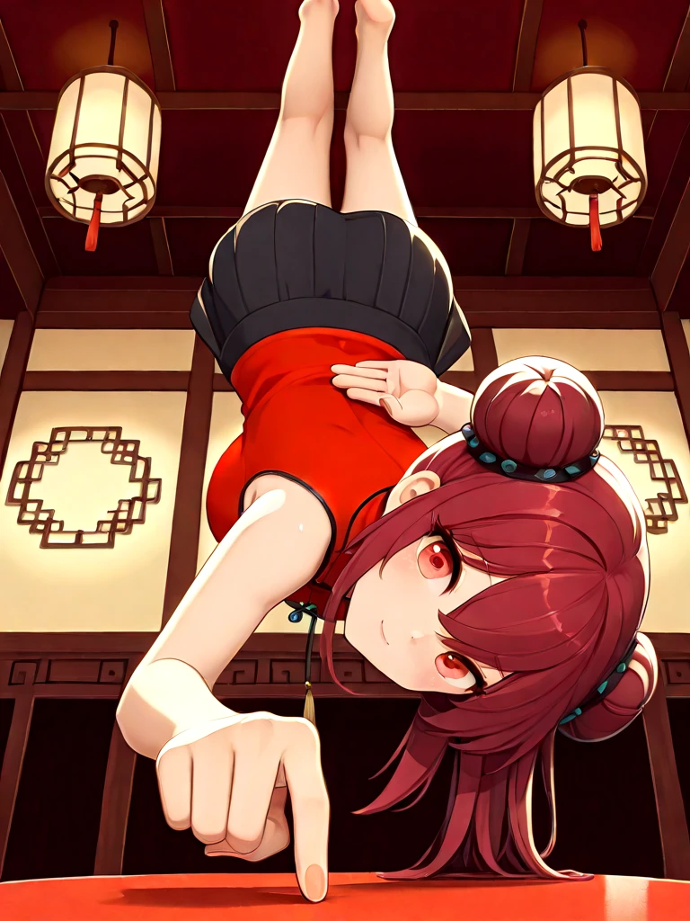 absurdres, explicit, one finger handstand, pointing down, hand on ground, 1girl, light smile, large breasts, double bun, red china dress, red sleeveless qipao, full body, from below, low pov, dark, indoors, east asian architecture, lattice, red round table, food on table, china restaurant, chinese inn, arm behind back, <lora:onefingerhandstand_ilxl:1>