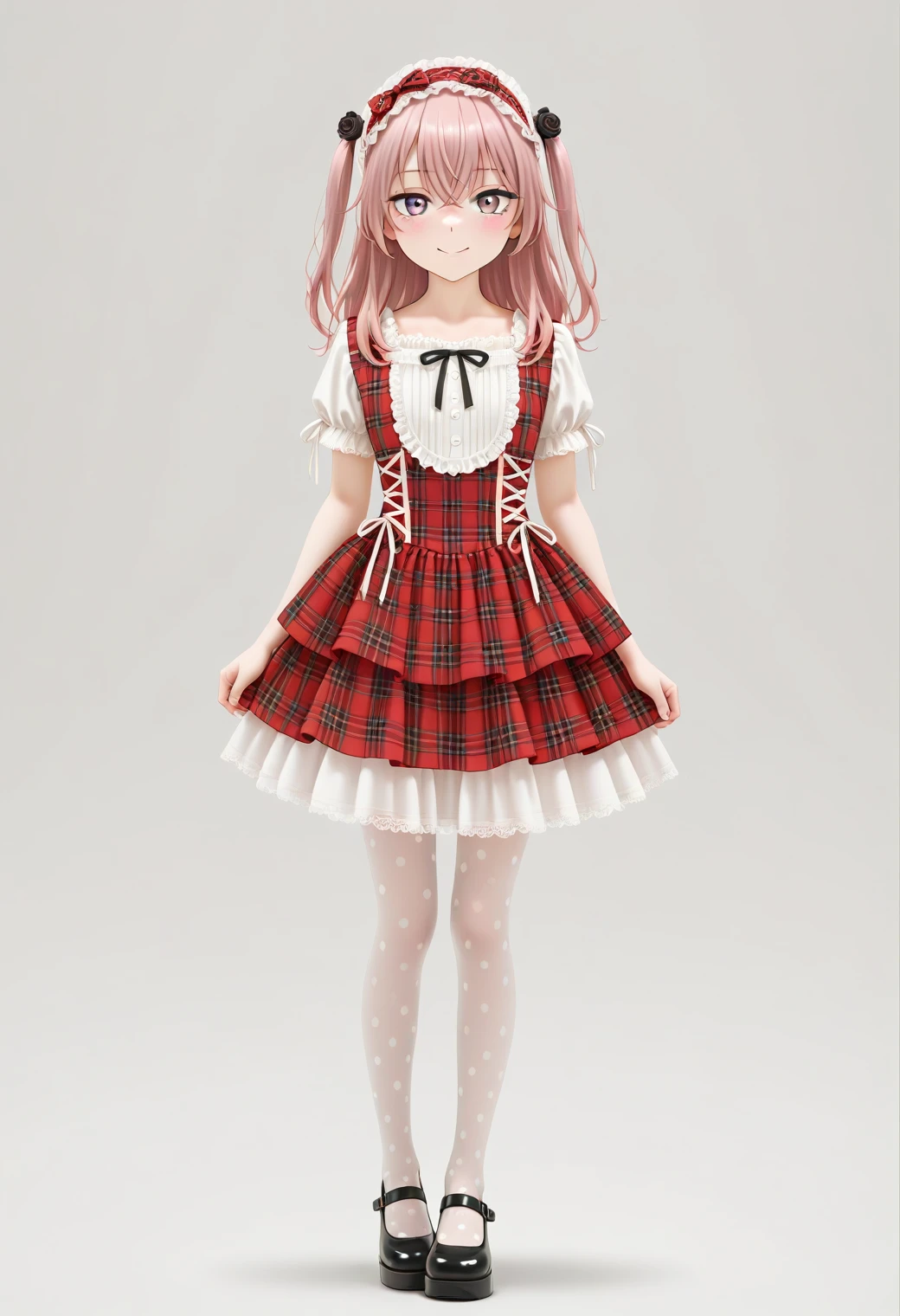 masterpiece, best quality, amazing quality, 1girl, solo, smile, cute pose, blush, anime screencap, makeup, simple background, <lora:SonoBisqueDoll_InuiSajuna_IlluXL:0.9>, long hair, two side up, crossed bangs, pink hair, multicolored eyes, hair flower, black rose, <lora:Showaretrocakeskirtdress:0.8>, Showaretrocakeskirtdress, plaid, red dress, hair bow, pantyhose, black footwear, polka dot legwear, (layered skirt:1.2), ribbon, (ribbon plaid hairband:1.1), white short sleeves, frill, <lora:wai-Rectified-s:1>
