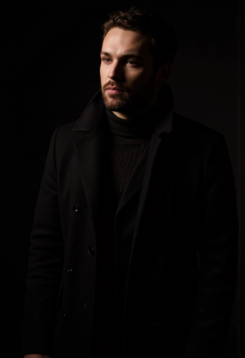 Rembrandt Lighting. A photo-realistic portrait shoot from a portrait camera angle about a man with a serious expression in a dark background, wearing a black coat. the image also shows a man in the middle of the frame, who appears to be in his late 30s, with short, dark hair and a beard, standing in the center of the image, looking directly at the camera with a neutral expression. he is wearing a dark coat with a high collar, and his hands are not visible in the frame. the lighting is dramatic, with a dark, moody atmosphere, and the background is a solid black color. the man has a slim physique, short hair, and a full beard, and he is standing with his arms at his sides. he has brown eyes, looking to the side, and is wearing earrings.