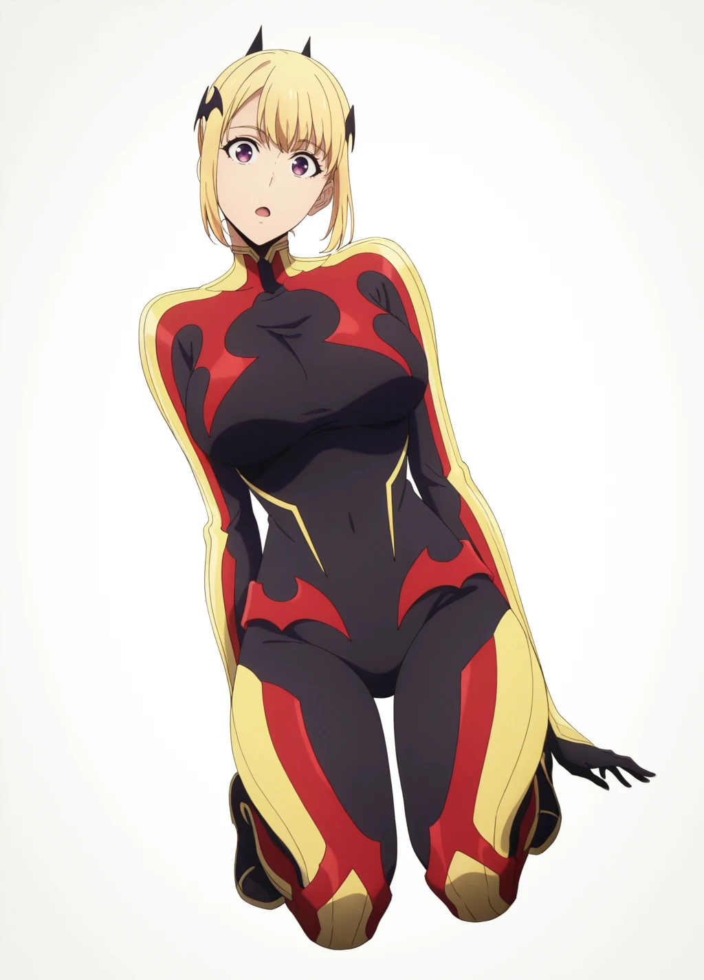 (simple background,white background),
full body,
head tilt,dutch angle,
anime screencap,anime coloring,
(masterpiece, best quality:1.2),
<lora:Hae-In_C2:0.8>,
haein2, 1girl, solo, blonde hair, short hair, bodysuit, open mouth, looking at viewer, hair ornament, breasts, bat hair ornament, black bodysuit,large breasts,purple eyes,
<lora:add-detail-xl:1>