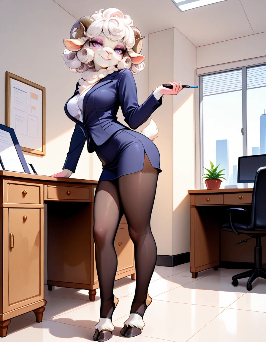 masterpiece, best quality, very aesthetic, absurdres,
indoors, office,
office lady, toeless pantyhose,
full body, posing,
seductive smile, parted lips, long eyelashes,
<lora:Dolly_v02_NAIXL:1>
Dolly,1girl, solo, furry female, sheep girl, sheep ears, horns, short curly hair, white hair, purple eyes, slit pupils, animal nose, body fur, white fur, short tail, hooves,