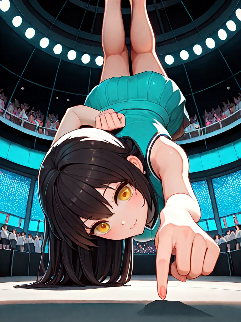 absurdres, explicit, one finger handstand, pointing down, hand on ground, 1girl, light smile, large breasts, black qipao, sleeveless qipao, full body, from below, low pov, dark, indoors, stage lights, cheerleader, basketball court, audience, arm behind back, <lora:onefingerhandstand_ilxl:1>