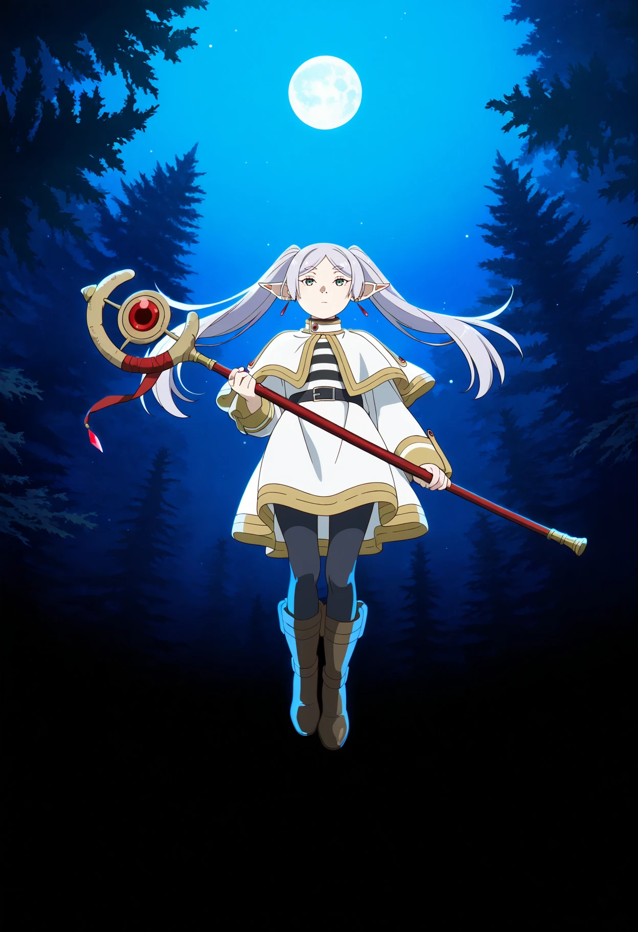 (watanabe akio:0.6), monogatari \(series\), promotional art, highres, absurdres, newest, masterpiece, best quality
BREAK
1girl, frieren \(sousou no frieren\), twintails, grey hair, pointy ears, earrings, green eyes, capelet, floating, full body, boots, expressionless, holding weapon, staff, view from below, outdoors, forest, night, moonlight <lora:FrierenIllustriousXL_byKonan:1>