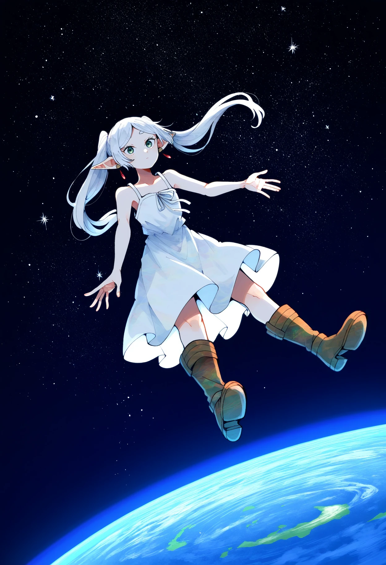 best quality, masterpiece, very awa, absurdres,
focus footwear, shoe soles, boots, close-up, frieren, white hair, twintails, green eyes, levitation, perspective,
scenery, cosmos, planets, stars, night, sundress, falling,
linear hatching, beautiful, intricate,
(imigimuru:1.2), itomugi-kun, tsvbvra,
