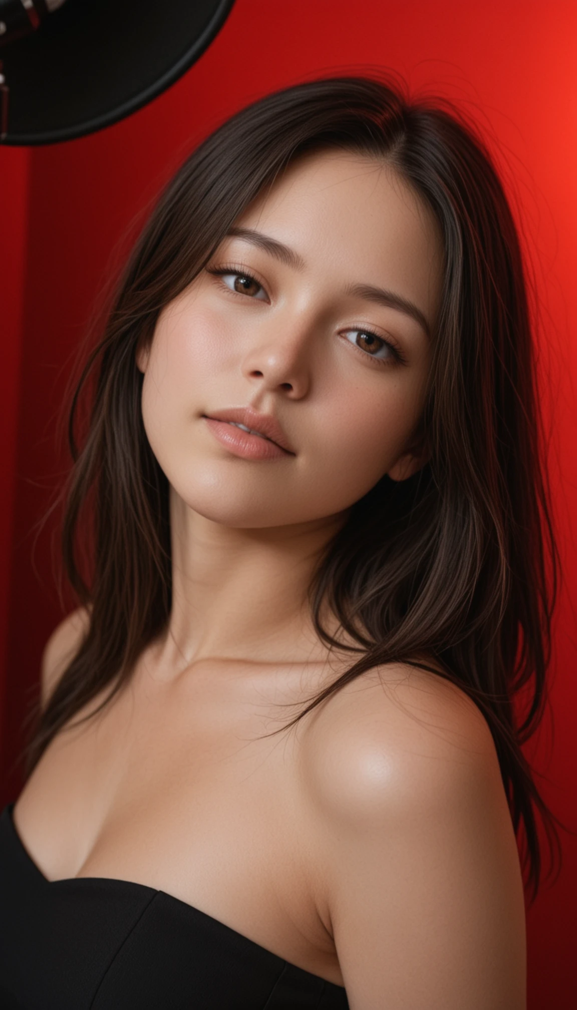masterpiece, best quality, amazing quality, very aesthetic, high resolution, ultra-detailed, absurdres, photo, realistic, studio, a 20 yo woman, brown eyes,long hair, black dress, head tilt, dark theme, portrait, close-up, (simple red backgrounds with backlight:1.1), studio light, backlight, generous, arrogant, staring, BREAK, depth of field, photorealistic details