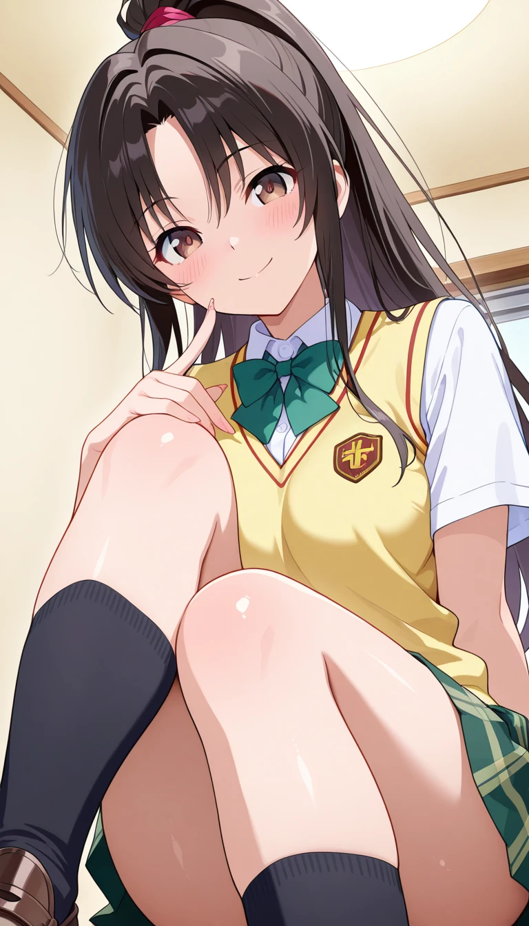 ((masterpiece)), highest quality, Super detailed,(One girl),Yui Kotegawa、Long Hair,Beautiful background ,((yellow sweater vest, white shirt, short sleeves, green bowtie, plaid miniskirt, green miniskirt, socks, loafers)), chest, Curved body,Lie in, Look to the side, Worried face, Wide-open legs, NSFW,