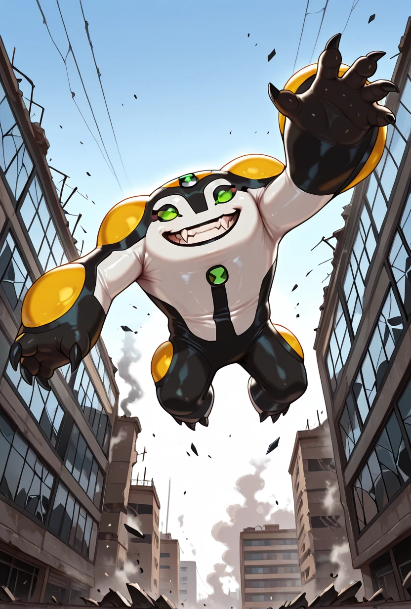 <lora:cannonbolt-07:1> cannonbolt, solo, no humans, black claws, green eyes, teeth, smile, fang, jumping, falling from building, broken glass, sky view, smoke, sky scrapers view, masterpiece, best quality, amazing quality, very aesthetic, absurdres, newest,