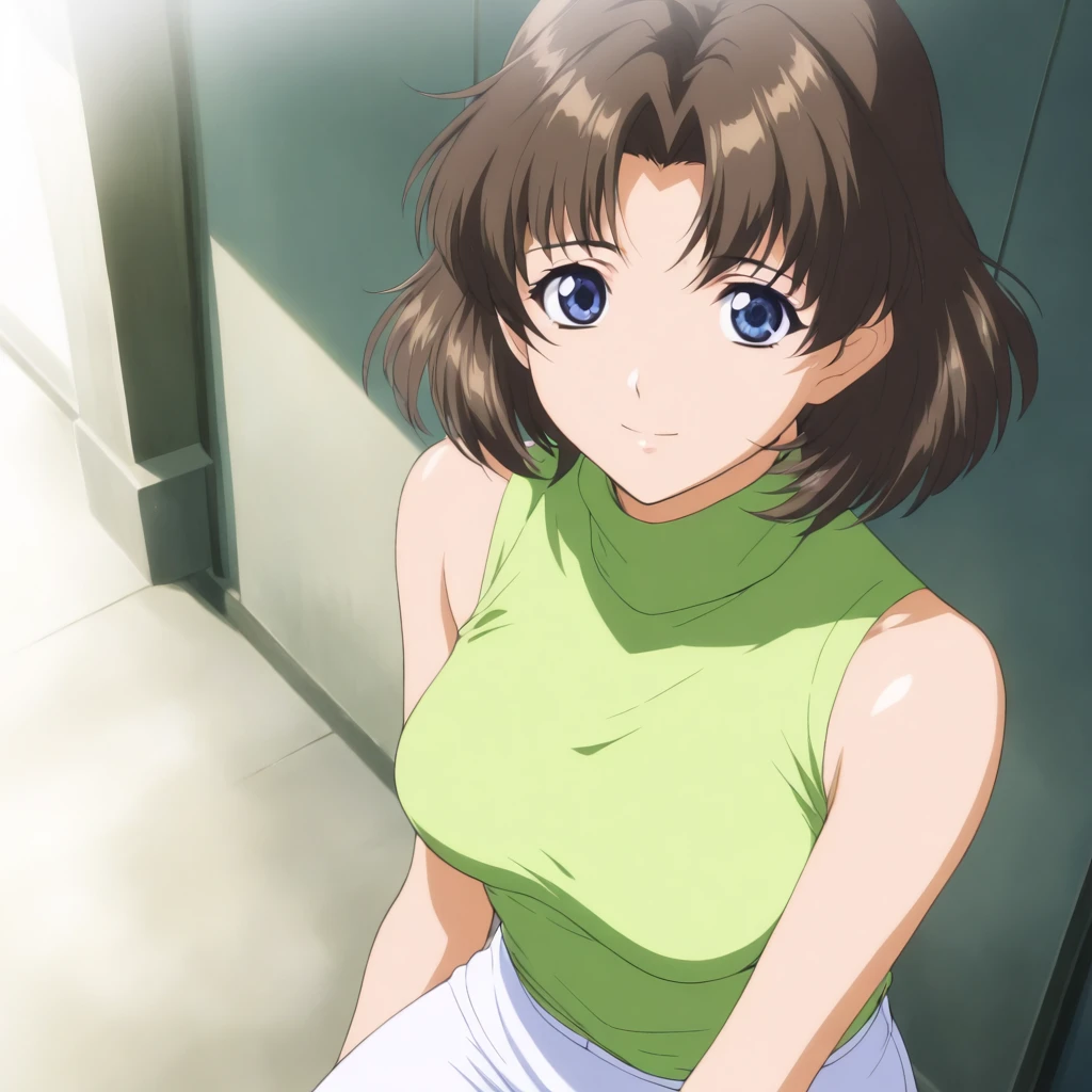 masterpiece,1girl,solo,looking at viewer,green shirt,white pencil skirt,bare shoulders,turtleneck,sleeveless,<lora:Nadeshiko_Minami ag4o v1:1> nadeshiko_minami, brown hair, short hair, blue eyes,