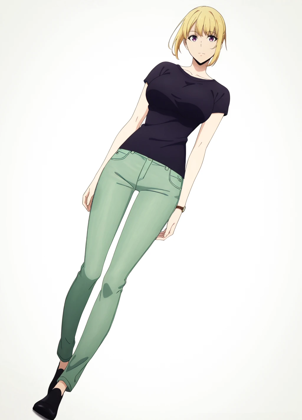 (simple background,white background),

head tilt,dutch angle,
anime screencap,anime coloring,

(masterpiece, best quality:1.2),
<lora:Hae-In_C2:0.8>,
haein1, 1girl, solo, shirt, blonde hair, pants, black shirt, short hair, t-shirt, standing, short sleeves, green pants, black footwear, closed mouth, purple eyes, full body, shoes, jeans, watch, arms at sides, large breasts,short ponytail, 

<lora:add-detail-xl:1>