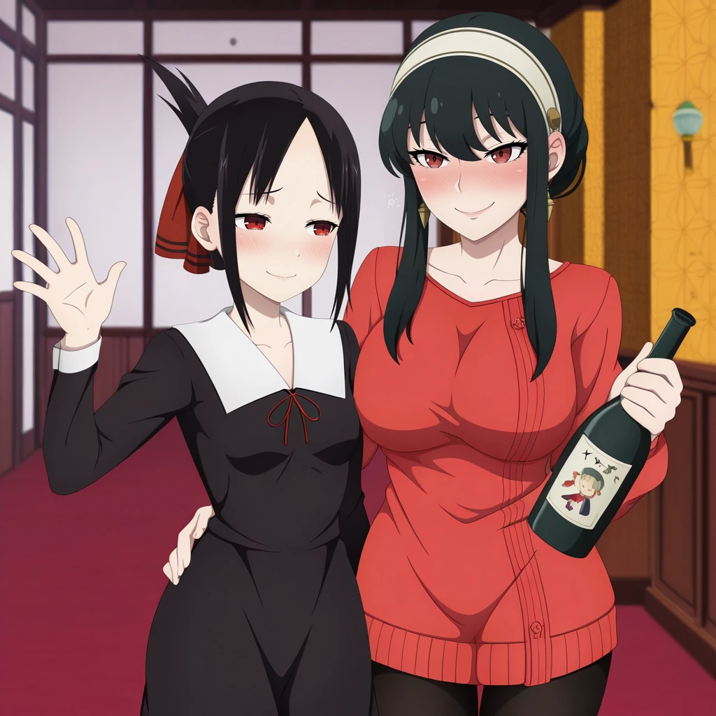 masterpiece,best quality,amazing quality,very aesthetic, absurdres, highres, newest, anime screencap, anime coloring,<lora:mandio_kaguya_yor_v2_illustrious:0.4>,2girls, standing,
BREAK mandio, kaguya, kaguya hairstyle, shuuchiin academy school uniform, school uniform, , long sleeves, kaguya shy smile, shy smile, blush, closed mouth,
BREAK mandio, yor, yor hairband, yor hairstyle, yor earrings, yor red sweater, yor pantyhose, smile, blush, drunk, holding bottle,