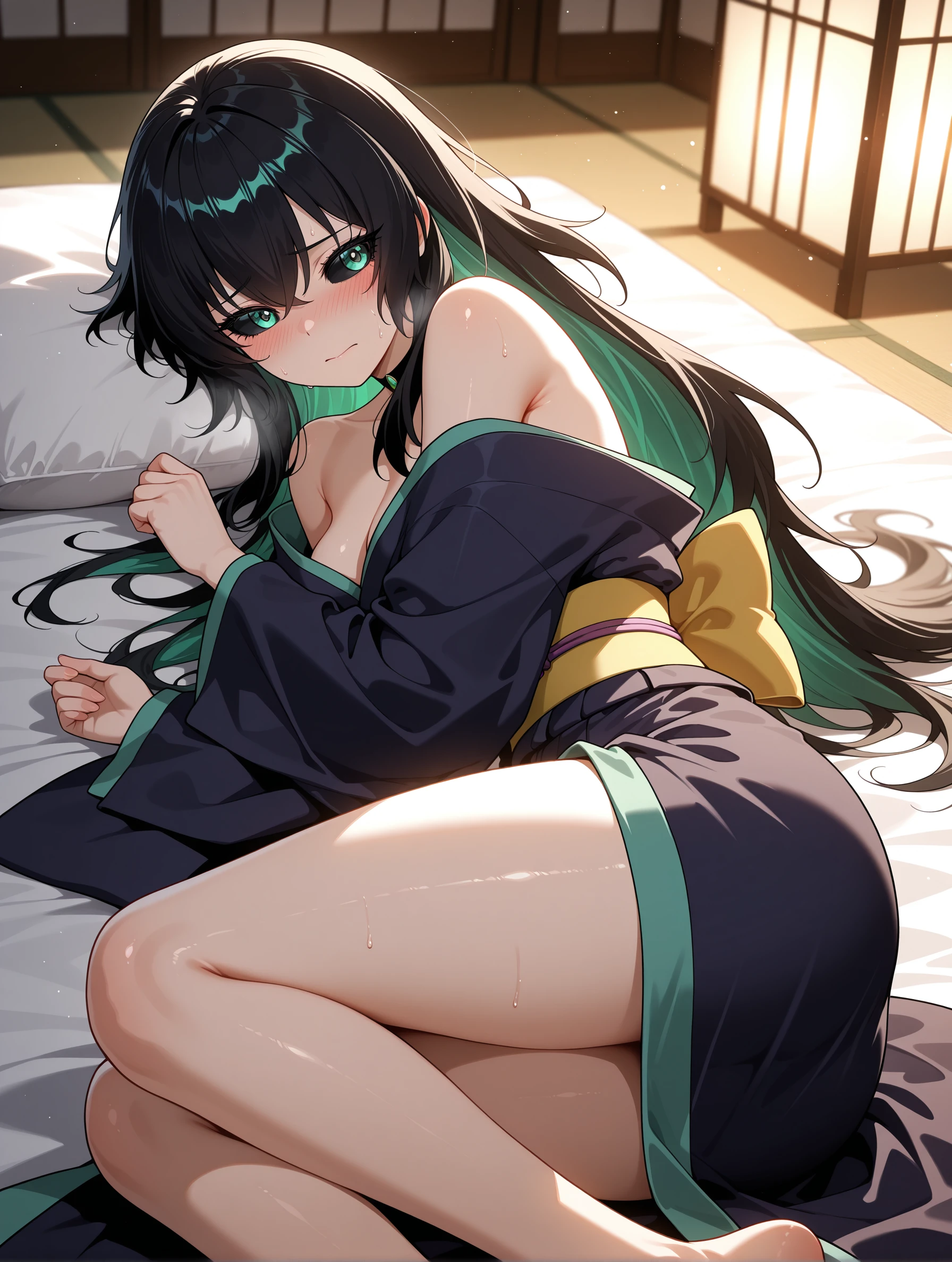 (extremely detailed CG unity 8k wallpaper),(masterpiece),(best quality),(ultra-detailed),(best illustration),(best shadow),(absurdres),(detailed background), Kuroka Toujou, 1girl, breasts, animal ears, solo, tail, large breasts, crossed legs, black hair, cat ears, cleavage, japanese clothes, smile, sitting, sitting on bed, cat tail, kimono, long hair, multiple tails, off shoulder, bare shoulders, hair rings, night, looking at viewer, sandals, sash, yellow eyes, legs, pale skin, makeup, obi, bangs, slit pupils, grown woman, indoors, bedroom, night, (((NSFW)))