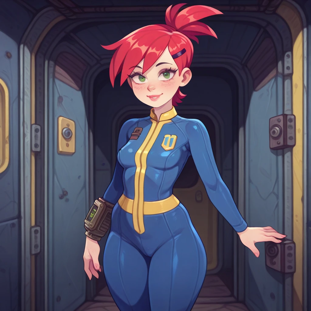 drawn by owler, drawn by cyancapsule, ((frankie_foster\(foster's home for imaginary friend\)), green eyes), [[small breasts]],
<lora:Vaultsuit_with_Pipboy:0.5> v4u175u17, blue vaultsuit, blue vaultsuit_\(fallout\), pip-boy on one arm, blue bodysuit with yellow accent lines, yellow lines on blue clothes, yellow accent line on waist, yellow zipper, fully clothed
<lora:Fallout_Vault_Interior:1> f4110u7_v4u17,  cramped interior, in an underground bunker, Fallout, metal walls, exposed plumbing, retro-futuristic, fallout shelter,