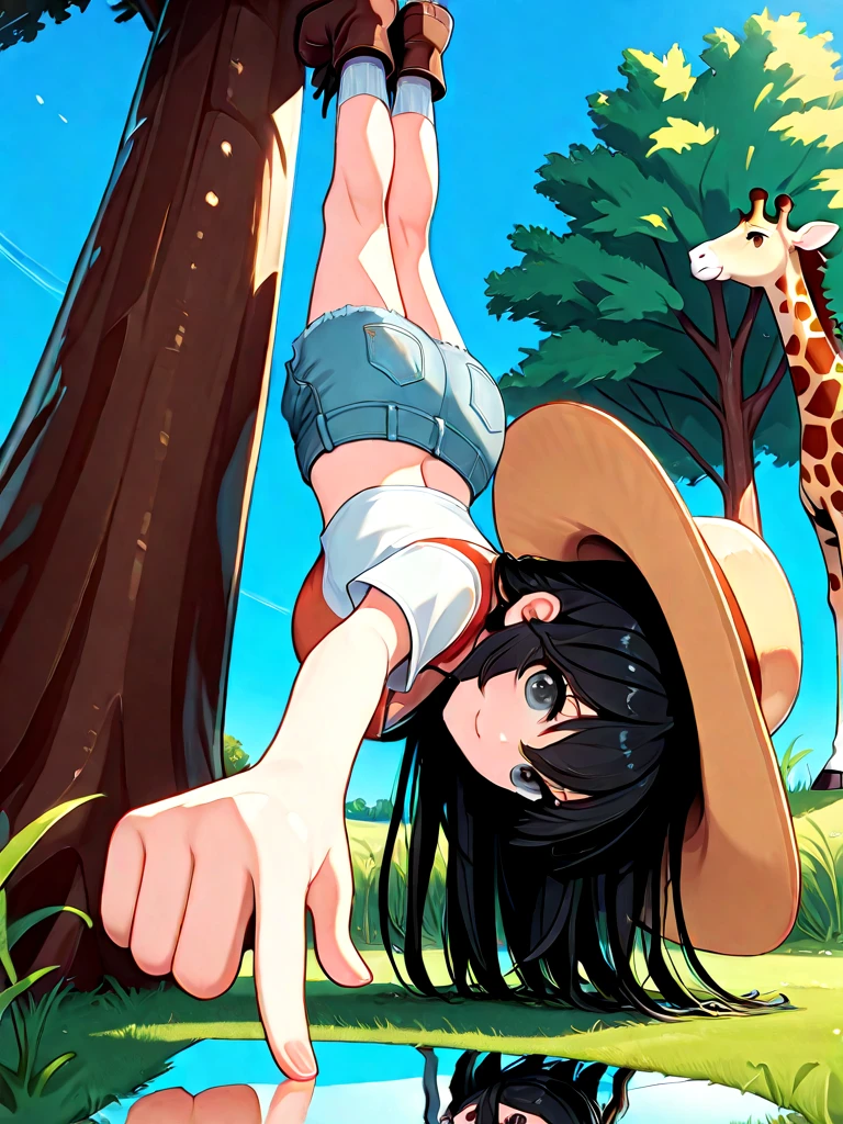 absurdres, explicit, one finger handstand, pointing down, hand on grass, reflection, 1girl, light smile, large breasts, black hair, crop top, denim shorts, wide hat, full body, from below, low pov, sky, socks, boots, grassland, grass, tree, giraffe, <lora:onefingerhandstand_ilxl:1>
