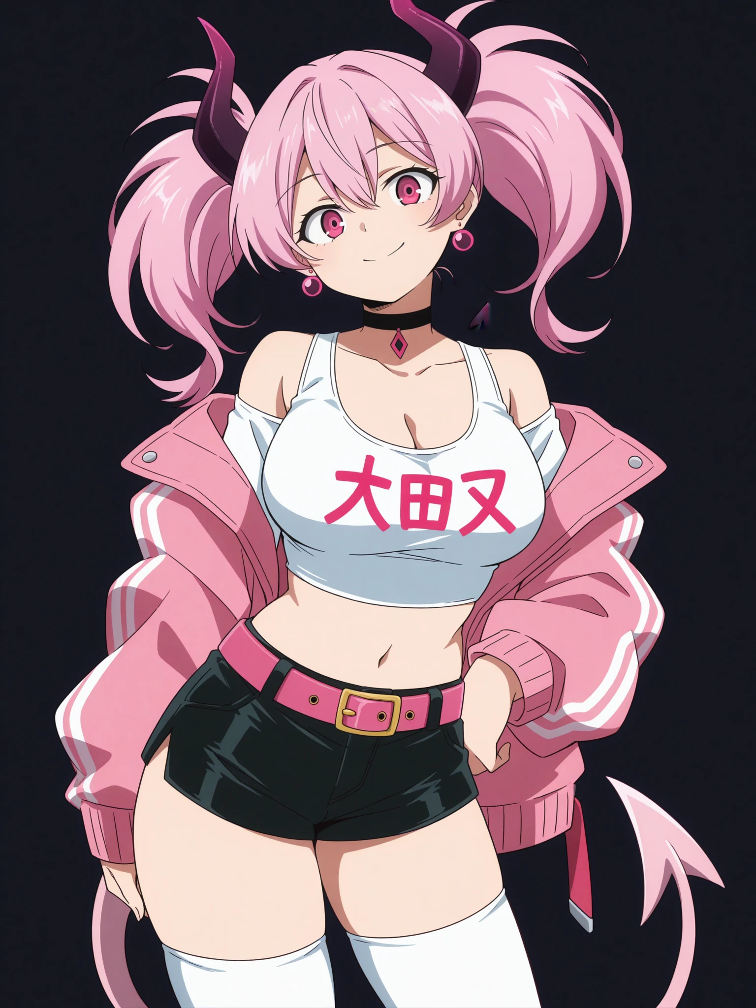 1girl, solo, breasts, tail, pink_hair, horns, demon_tail, shorts, jacket, twintails, large_breasts, smile, looking_at_viewer, long_hair, navel, choker, black_background, pink_eyes, short_shorts, belt, demon_girl, pink_jacket, demon_horns, simple_background, tank_top, open_jacket, cleavage, black_shorts, open_clothes, thighhighs, off_shoulder, bare_shoulders, closed_mouth, head_tilt, hair_between_eyes, cowboy_shot, jewelry, micro_shorts, collarbone, black_choker, white_thighhighs, crop_top, bangs, earrings, clothes_writing, shirt, midriff, standing, see-through, contrapposto, long_sleeves,
<lora:My_Hero_Academia_Illustrious_X1_1024_SD8:1>
