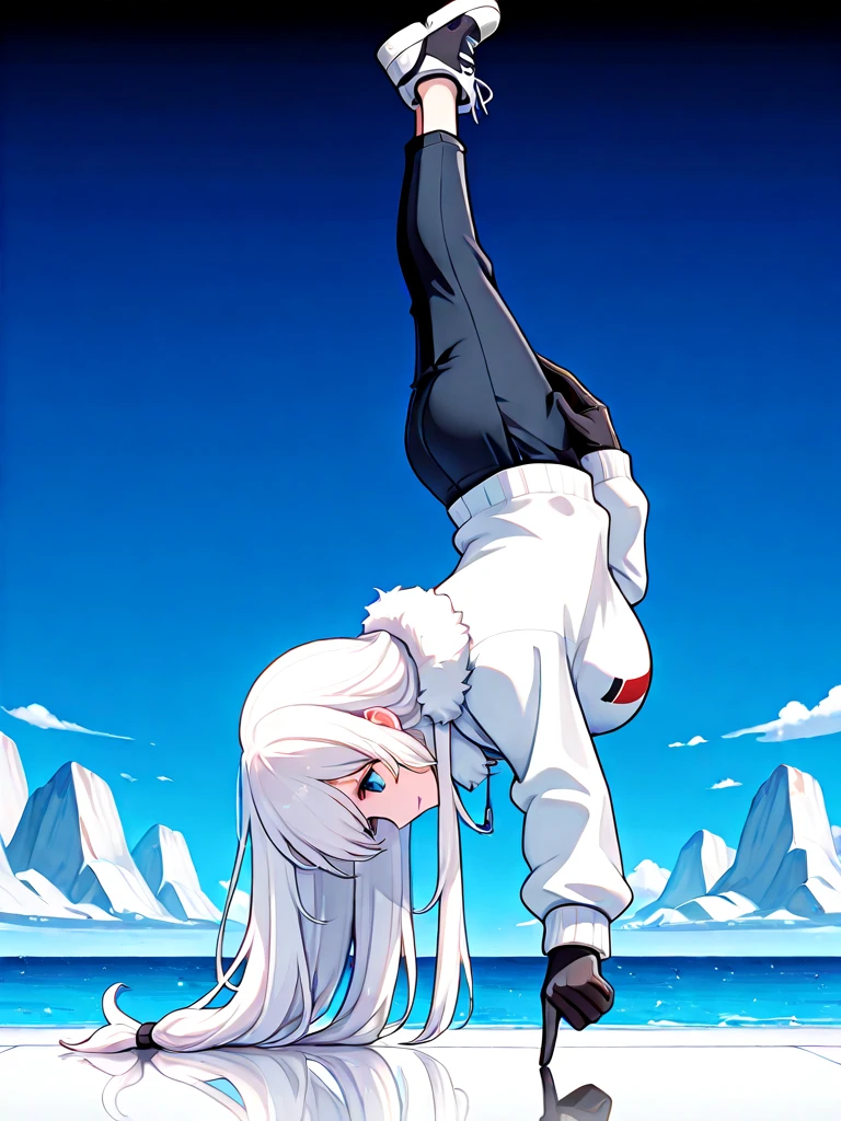 absurdres, explicit, polar bear, white bear, animal, one finger handstand, pointing down, hand on iceberg, reflection, gloves, shoes, 1girl, light smile, large breasts, white hair, low-tied long hair, winter clothes, fur trim, oversized clothes, pants, full body, from below, horizon, hand on own thigh, profile, from side, ocean, fog, <lora:onefingerhandstand_ilxl:0.8>