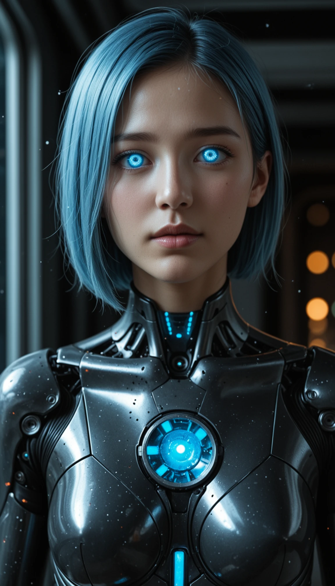 masterpiece, best quality, amazing quality, very aesthetic, high resolution, ultra-detailed, absurdres, scenery, photo, realistic, dramatic shadows, 1girl, solo, cyborg, clothed, young cyborg woman, crack on face, (glowing blue hair:1.2), blue eyes, (glowing eyes:1.3), neon, (mechanical parts, high-tech futuristic black blue cybernetic bodysuit:1.2), detailed full cyborg body parts, (internal mechanism, robot joints, mechanical body, metal body, mechanical limbs, mechanical arms, part lines:1.2), blue lights, cinematic portrait photo, portrait, face focus, dutch angle, (light particles:1.2), low cinematic lighting, cyberpunk, cyberpunk background, BREAK, detailed eyes, depth of field, photorealistic details