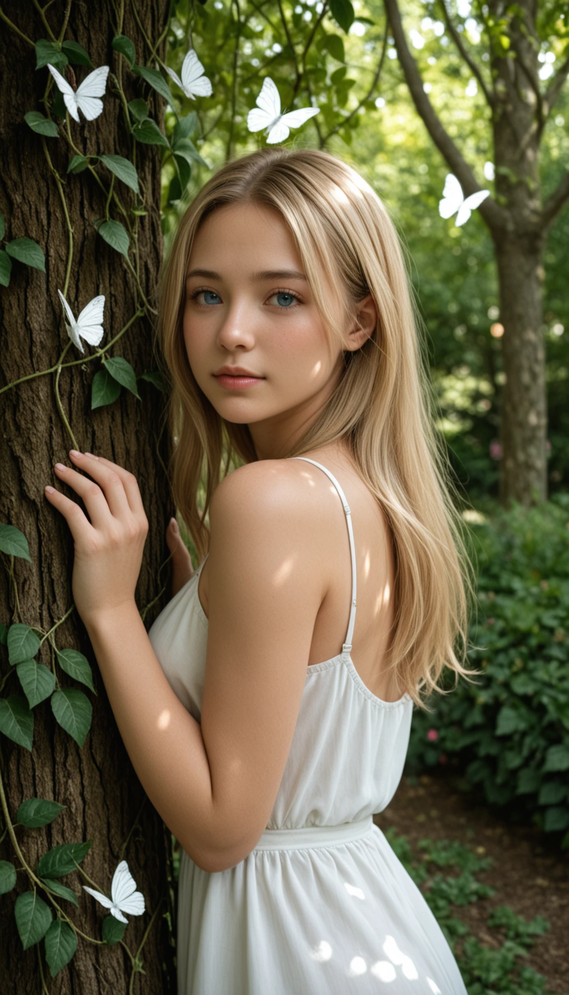 masterpiece, best quality, amazing quality, very aesthetic, high resolution, ultra-detailed, absurdres, scenery, photo, realistic, amateur, portrait, 1girl, solo, long blonde hair, blue eyes, (dappled sunlight:1.2), medium breasts, white dress, flowers, garden, muted color, forest, white butterfly, looking at viewer, leaning side against tree, vines, green, upper body, close-up, dutch angle, raw lights, BREAK, bokeh, face focus, depth of field, photorealistic details