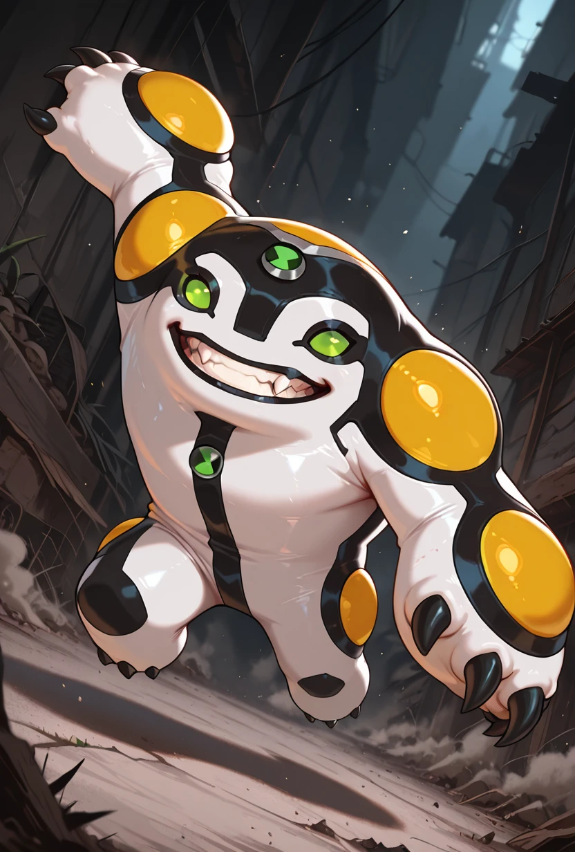 <lora:cannonbolt-07:1> cannonbolt, solo, no humans, black claws, green eyes, teeth, smile, fang,, masterpiece, best quality, amazing quality, very aesthetic, absurdres, newest,
