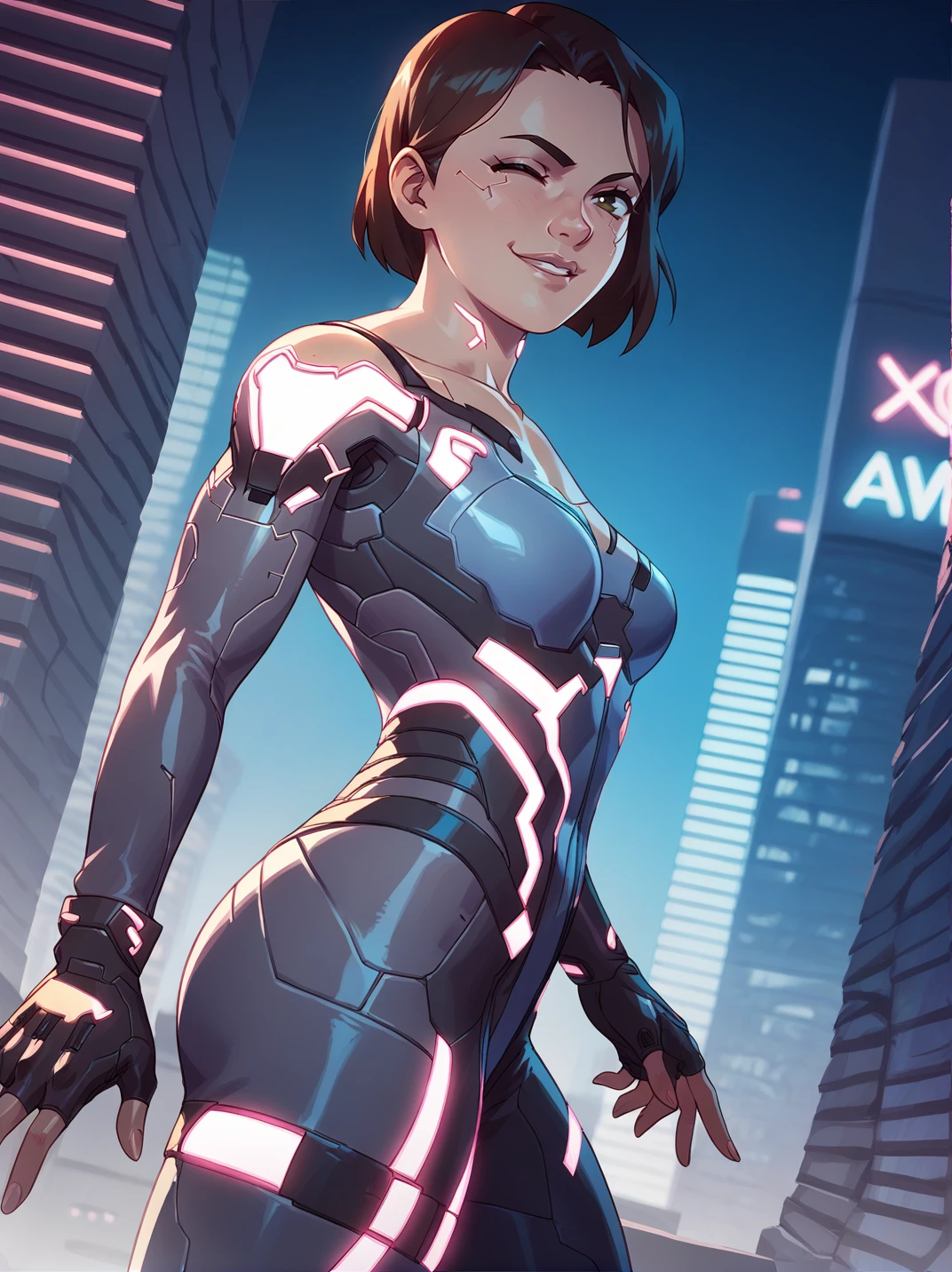 score_9, score_8_up, score_7_up,,
1girl, solo, dynamic pose, dynamic angle, one hand on lips, one eye closed, naughty face, outdoors, light smile, cowboy shot, dutch angle, medium breasts, from side, sexy pose, looking at viewer, cyberpunk, city, 
<lora:AMioSplitFiction_character:1>, short hair, brown hair, brown eyes, neon trim, bodysuit, fingerless gloves, armor,  <lora:KajinmanLycoXL:0.7>,