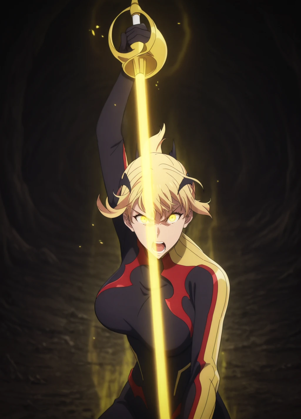 head tilt,dynamic pose,
anime screencap,anime coloring,
(masterpiece, best quality:1.2),
<lora:Hae-In_C2:0.8>,
haein2, 1girl, solo, blonde hair, short hair, bodysuit, open mouth, looking at viewer, hair ornament, breasts, bat hair ornament, black bodysuit,large breasts, fighting stance,angry,
yellow eyes, glowing eyes, yellow aura,magic,
rapier,energy sword, glowing sword,
<lora:add-detail-xl:1>
