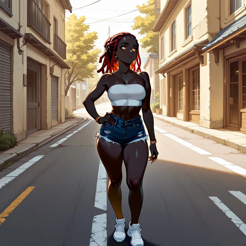 (masterpiece, newest, best quality, highly detailed, very awa, superfine illustration, official art style), very detailed face, hyperrealistic, (UHD quality details), ebony_girl, thicc, 1girl, standing, hand on hip, contraposto, very dark skin, denim shorts, short shorts, tube top, sneakers, street, outdoors, bright sunshine, dreadlocks, 8k uhd, absurdres, volumetric lighting, tack sharp focus, beautiful composition, intricate detail, professional illustration