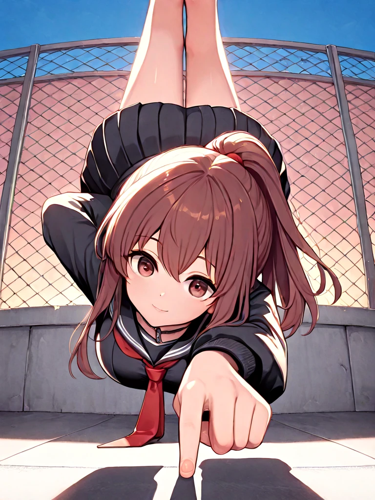 absurdres, explicit, one finger handstand, pointing down, hand on ground, 1girl, light smile, large breasts, ponytail, brown hair, black serafuku, school unifrom, necktie, pleated skirt, full body, from below, low pov, school rooftop, chain-link fence, horizon, arm behind back, <lora:onefingerhandstand_ilxl:1>