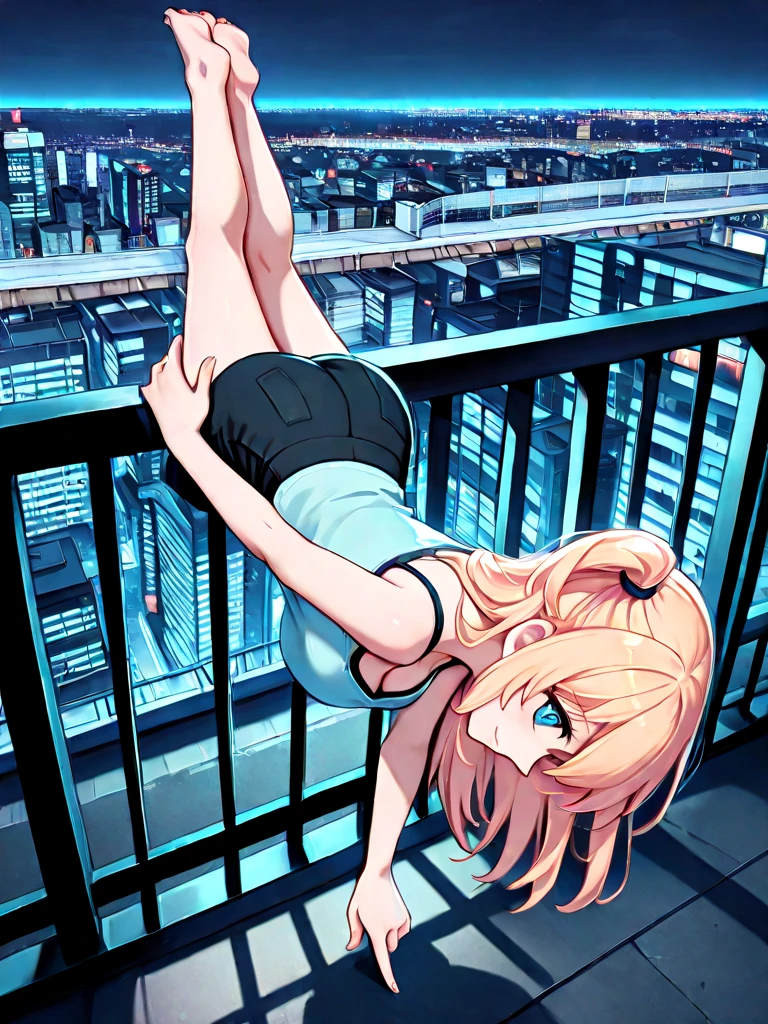 absurdres, explicit, one finger handstand, pointing down, hand on railing, 1girl, light smile, large breasts, one side up, blonde hair, camisole, full body, from above, balcony, skyline, tokyo, street, outdoors, night, horizon, hand on own thigh, profile, <lora:onefingerhandstand_ilxl:0.8>