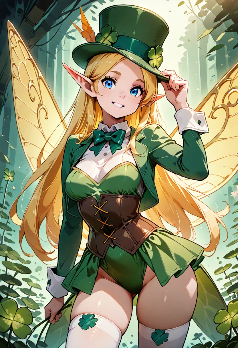 masterpiece, best quality,   ShamrockWorld, 1girl, solo, long hair, looking at viewer, smile, blue eyes, skirt, blonde hair, thighhighs, long sleeves, hat, dress, bow, holding, medium breasts, very long hair, standing, jacket, cowboy shot, parted lips, wings, pointy ears, artist name, signature, bowtie, grin, white thighhighs, leotard, lips, eyelashes, corset, green bow, contrapposto, green dress, top hat, adjusting clothes, nose, green headwear, hand on headwear, fairy wings, fairy, adjusting headwear, showgirl skirt, green bowtie, yellow wings   ,<lora:ShamrockWorld_IXL:1.0>,
