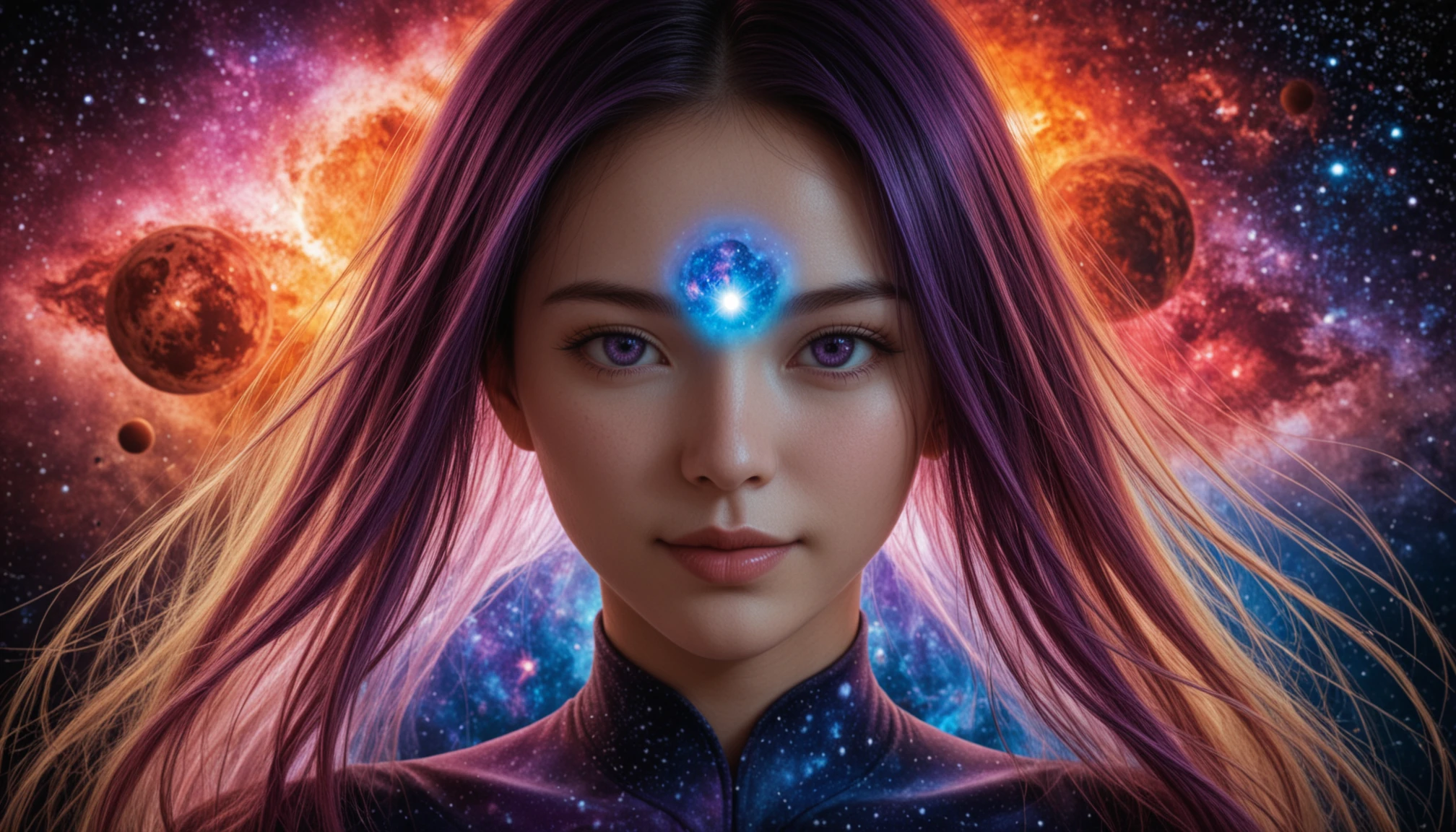 masterpiece, best quality, amazing quality, very aesthetic, high resolution, ultra-detailed, absurdres, scenery, realistic, photo, (colorful,chaos,psychedelic,double exposure:1.3), fantasy space, multiple planets, fantasy galaxy, nebula, supernova, 1girl, (cute:1.2), looking at viewer, face focus, portrait, psychedelic goddess, rainbow lighting, magical, light theme, long cosmic hair, cosmic purple eyes, floating glowing hair, light smile, generous, serene, BREAK, depth of field, photorealistic details