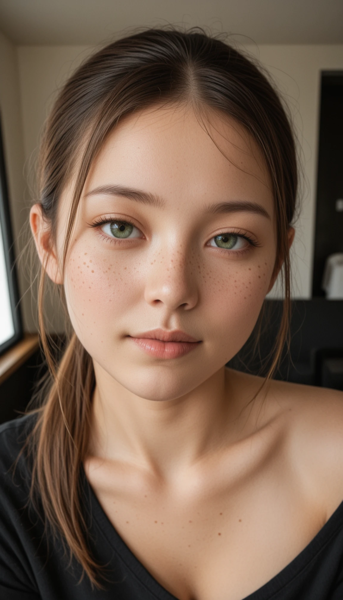 masterpiece, best quality, amazing quality, very aesthetic, high resolution, ultra-detailed, absurdres, scenery, photo, realistic, muted colors, cinematic,a cute girl, freckles, long ponytail ginger hair, green eyes, medium breasts, black shirt,looking at viewer,interior, dutch angle, portrait, studio light, simple background, raw light, BREAK, depth of field, photorealistic details