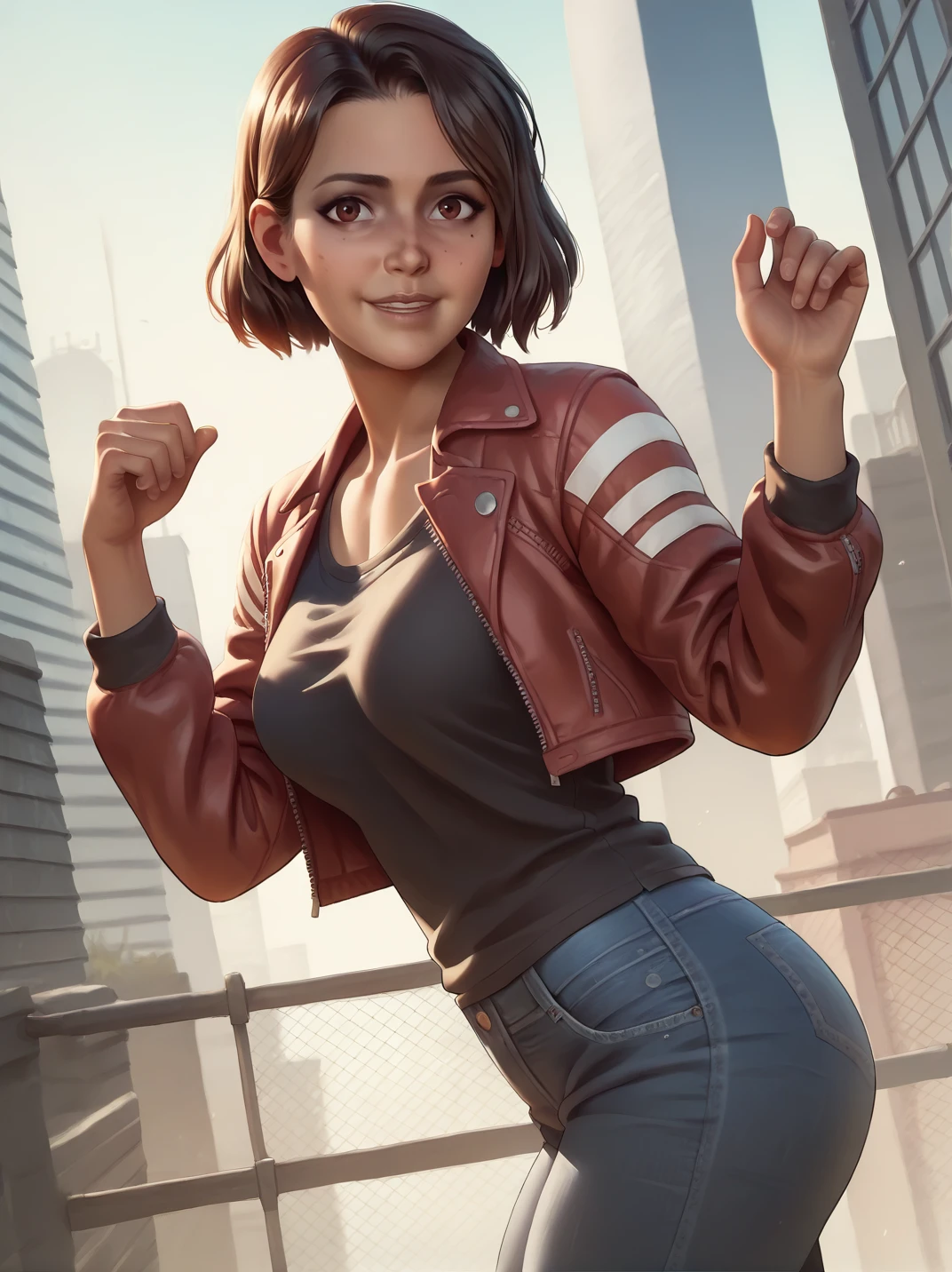 score_9, score_8_up, score_7_up,,
1girl, solo, dynamic pose, dynamic angle, hands up, outdoors, light smile, cowboy shot, dutch angle, medium breasts, from side, sexy pose, looking at viewer, city, leaning forward,
<lora:AMioSplitFiction_character:1>, short hair, brown hair, brown eyes, red open jacket, black shirt, denim pants, <lora:Bonifasco_PonyXL_v1:0.6>