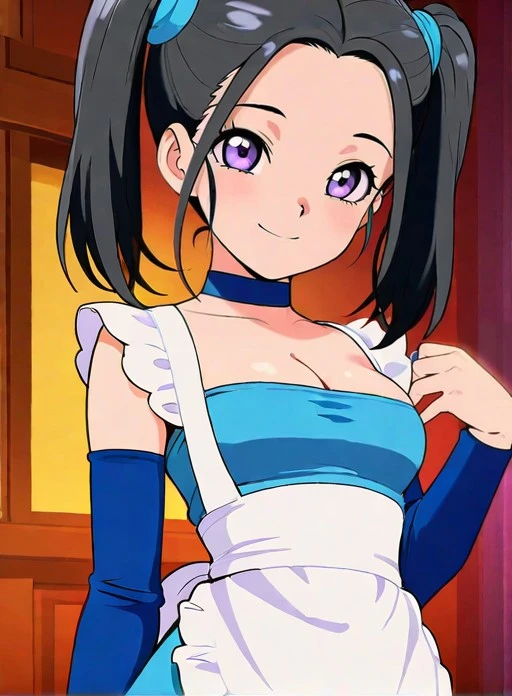masterpiece, best quality, amazing quality,<lora:Bouquetil-0:0.8>,bouquetbd, black hair, twintails, purple eyes, cleavage, blue choker, strapless dress, white apron, detached sleeves, white thighhighs, blue footwear,twintails, purple eyes,anime screenshot, upper body, smile, cleavage