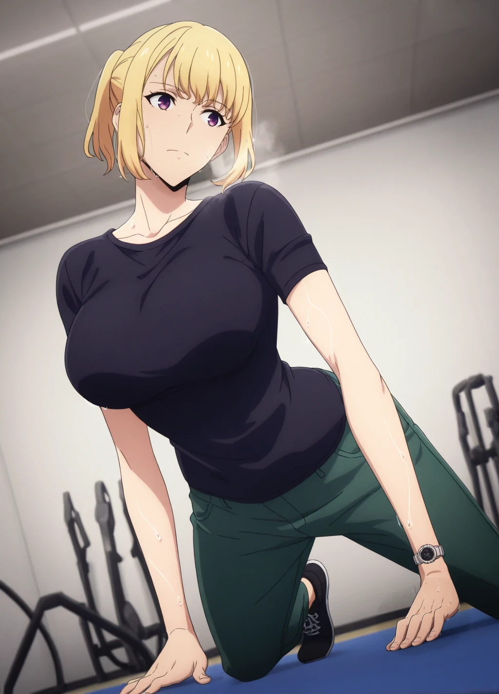 indoors, training, fitness room,push-ups, sweat, heavy breathing, wet,wet clothes,
head tilt,dutch angle,
anime screencap,anime coloring,
(masterpiece, best quality:1.2),
<lora:Hae-In_C2:0.8>,
haein1, 1girl, solo, shirt, blonde hair, pants, black shirt, short hair, t-shirt, standing, short sleeves, green pants, black footwear, closed mouth, purple eyes, shoes, jeans, watch, arms at sides, large breasts,
<lora:add-detail-xl:1>