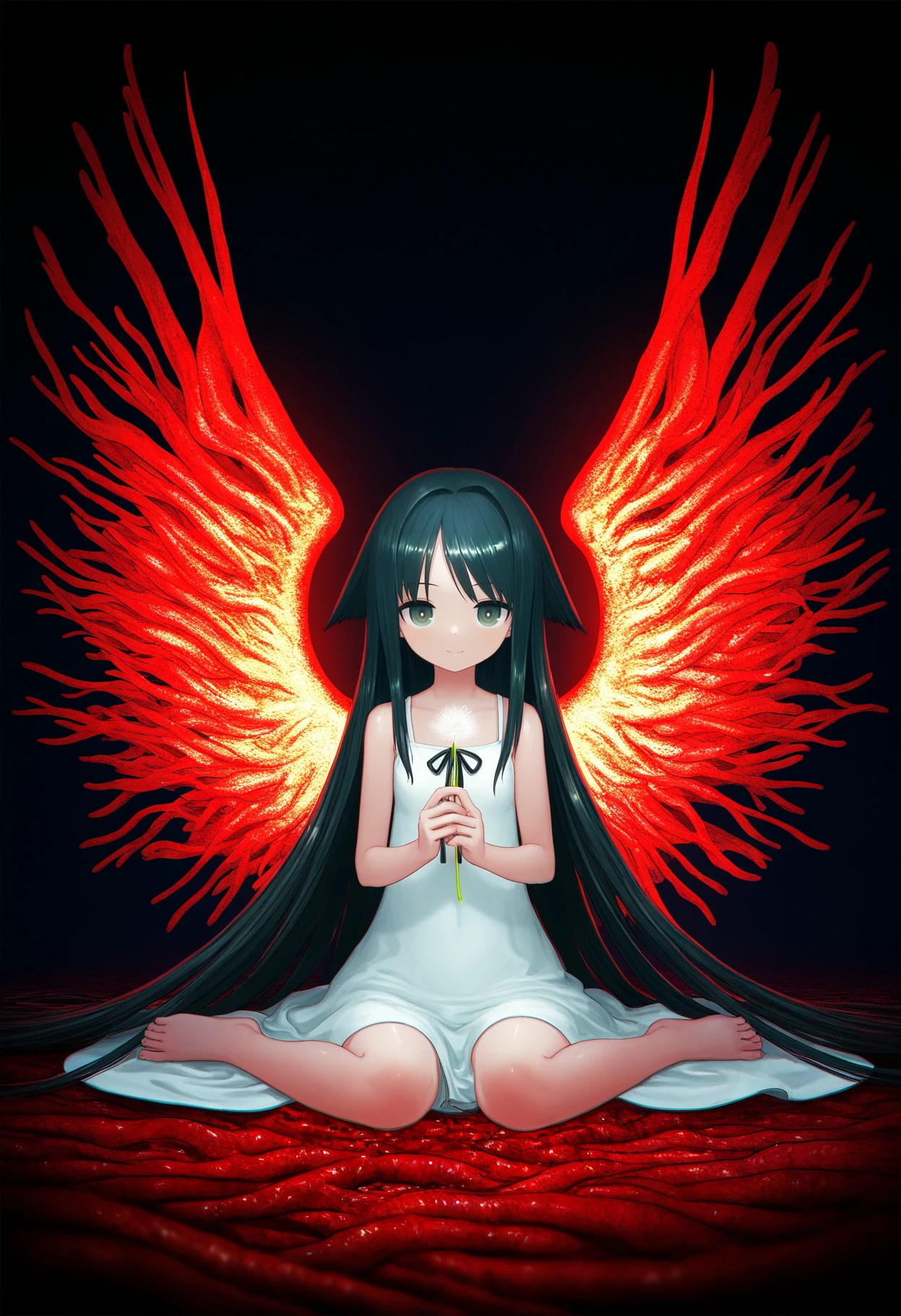 glowing wings, looking at viewer, light smile, wariza, flesh wings, holding dandelion, arms up, bloody wings, depth of field,light in heart, solo ,saya \(saya no uta\) , 1girl , bare shoulders , black hair , black ribbon , blurry , blurry background , collarbone , eldritch abomination ,flesh , green eyes , long hair , ribbon , sleeveless dress , very long hair , white dress , green theme , red theme ,dark , horror ethereal , melancholic ,soft blue light, dreamy atmosphere surreal ,horrifying , unsettling atmosphere, vibrant green and red hues blending chaotically, organic and grotesque textures covering the environment, glowing veins, pulsing faint light, (floating hair:1.1), (chromatic aberration:1.2), (light particles:0.9), (muted colors:1.5), (vibrant colors:0.8), (bright colors:0.7), (glowing sparkles:0.5), (radiant reflections:0.3), (soft light rays:0.7), blood-red mist, glowing green tendrils, dark and oppressive ambiance,cinematic lighting , raytracing , dynamic angle , depth of field , high contrast , colorful , detailed light , light leaks , beautiful detailed glow , best shadow , shiny , intricate details , hyperdetailed , iridescent [artist:yayaziiii] , [artist:tsukushi akihito] , [artist:huke] , [artist:chuuou higashiguchi] ,masterpiece,best quality,amazing quality,