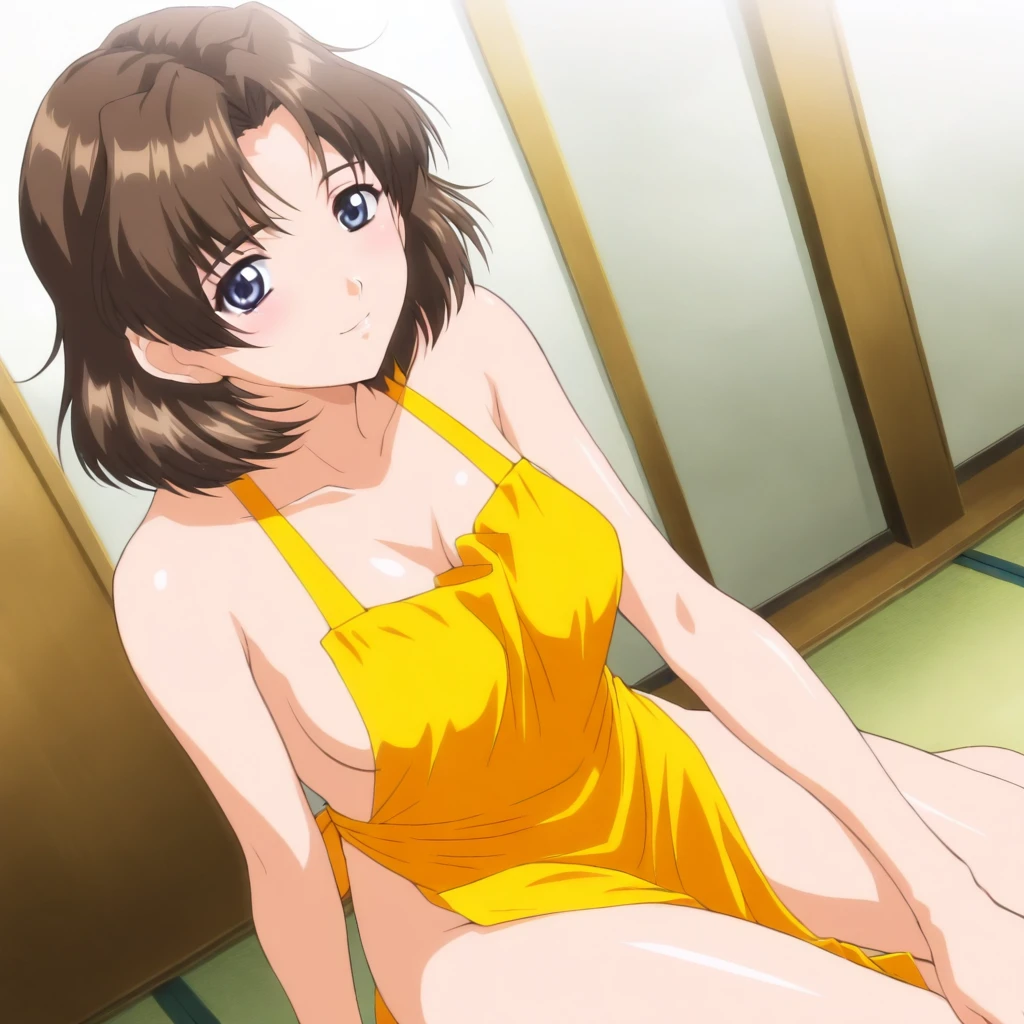 masterpiece,1girl,solo,looking at viewer,yellow naked apron,<lora:Nadeshiko_Minami ag4o v1:1> nadeshiko_minami, brown hair, short hair, blue eyes,