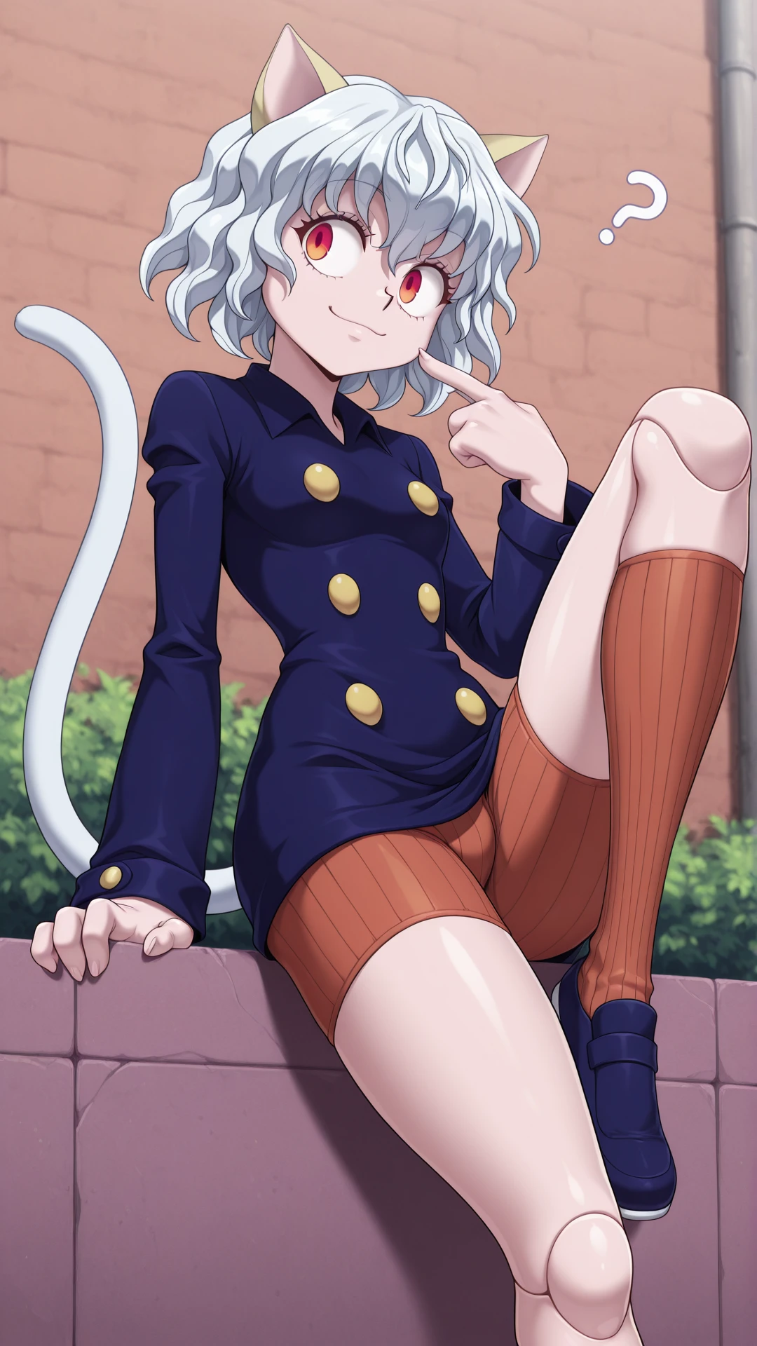 masterpiece,best quality,amazing quality, 1girl, solo,  <lora:IlluPitou:1> illupitou, cat ears, cat tail, white hair, red eyes, joints, smile, 4 fingers, buttons, shorts, long sleeves, kneehighs, shoes, leaning back, on wall, knee up, pointing at self, ?, outdoors, looking to the side,