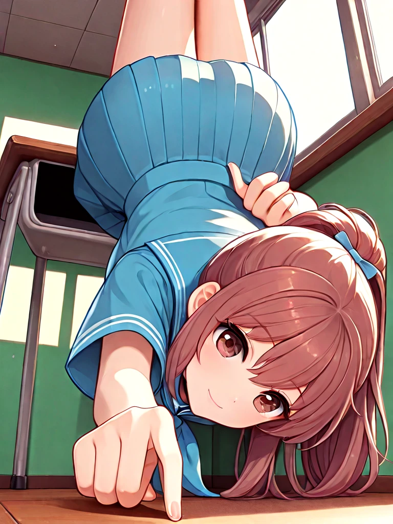 absurdres, explicit, one finger handstand, pointing down, hand on ground, 1girl, light smile, large breasts, ponytail, brown hair, serafuku, school unifrom, full body, from below, low pov, indoors, desk, classroom, window, arm behind back, <lora:onefingerhandstand_ilxl:1>