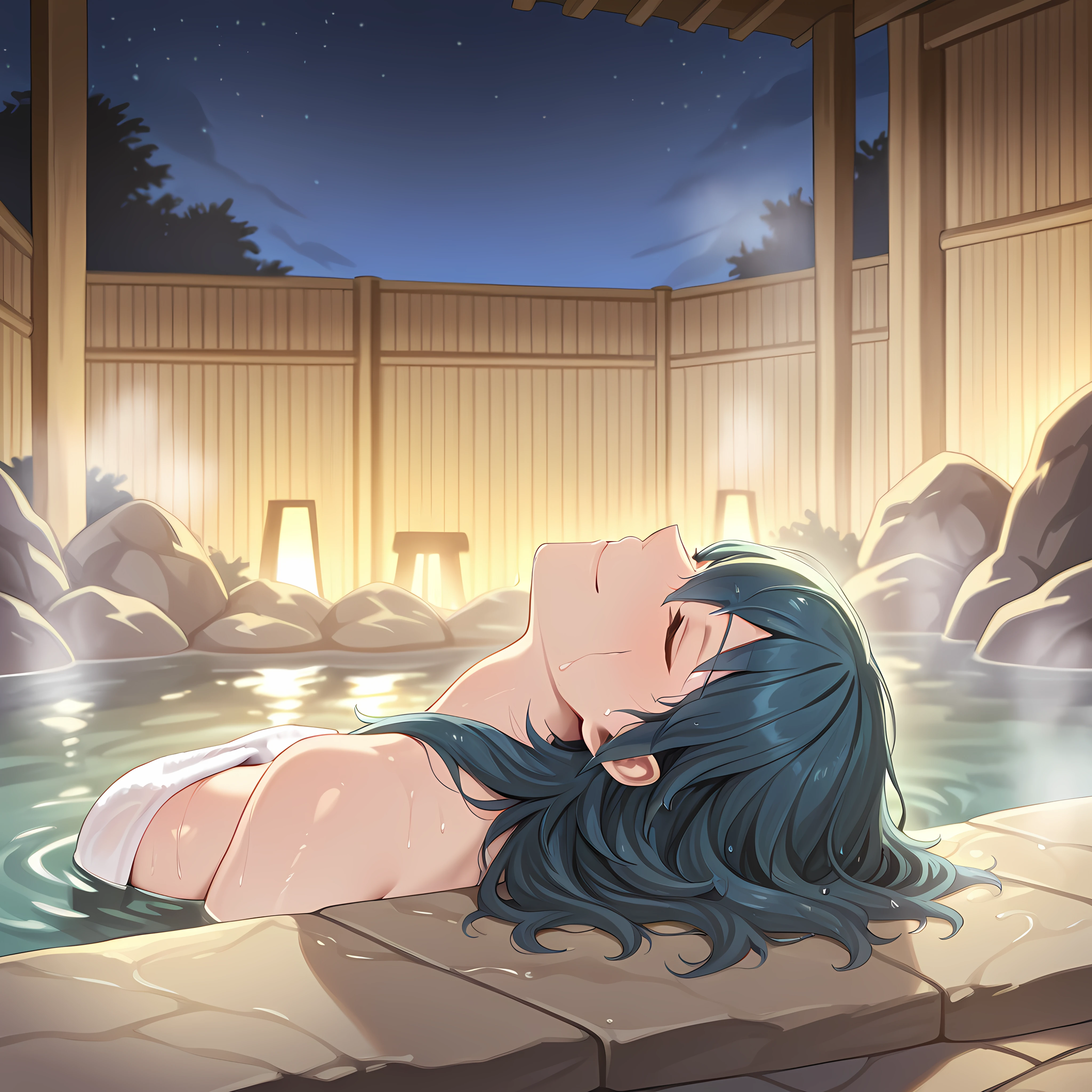 Masterpiece, newest, perfect quality, best quality, 1girl, solo, wet hair, closed eyes, smile, byleth_(female)_(fire_emblem), wearing towel, h0tspr1ng, hot spring, water, indoors, onsen, rocks, steam, partially submerged, head back, wet hair, night sky, night
