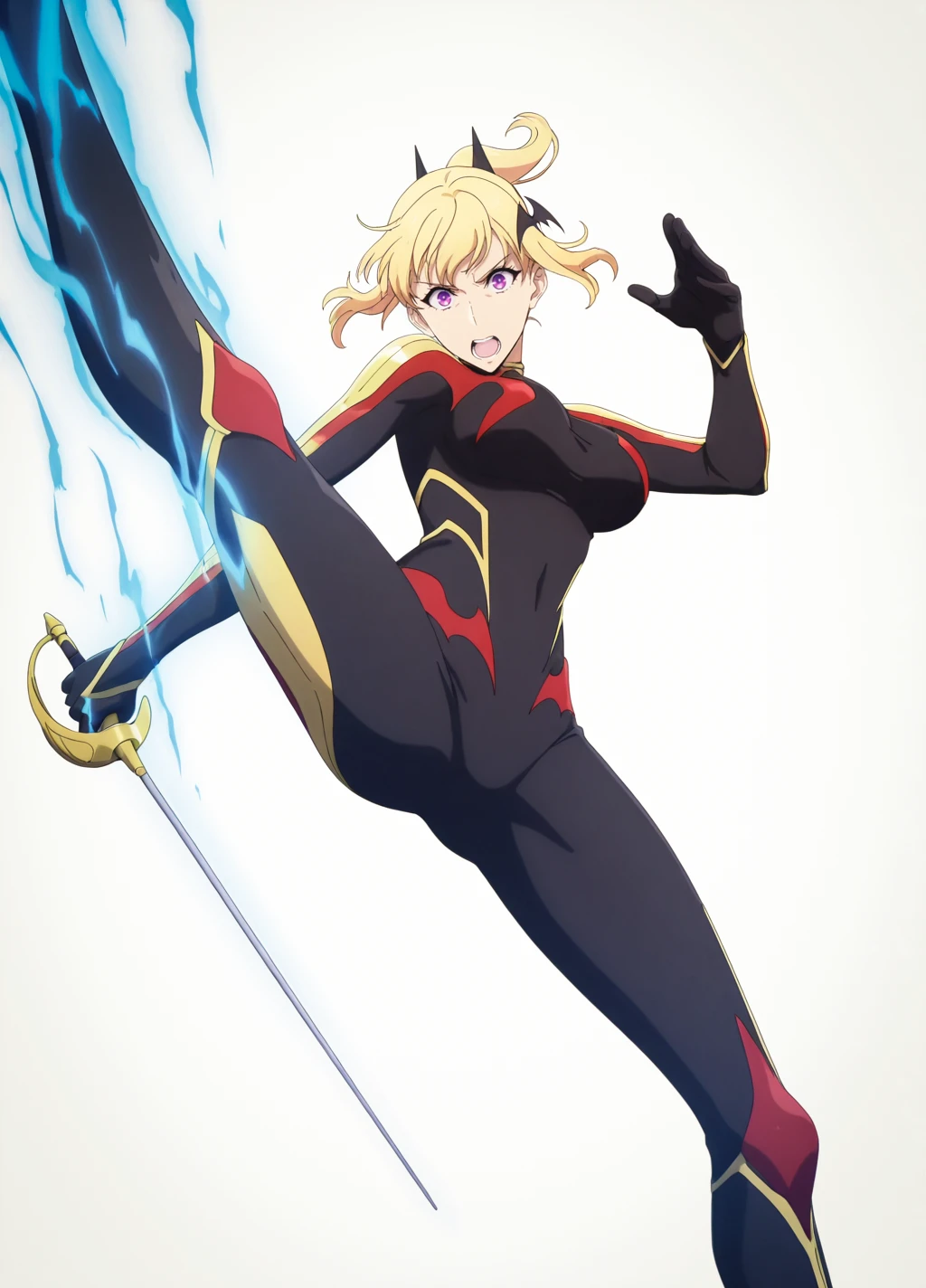 (simple background, white background),open mouth, screaming,
head tilt,dynamic pose,
anime screencap,anime coloring,
(masterpiece, best quality:1.2),
<lora:Hae-In_C2:0.8>,
haein2, 1girl, solo, blonde hair, purple eyes, short hair, bodysuit, open mouth, looking at viewer, hair ornament, breasts, bat hair ornament, black bodysuit,large breasts, rapier, fighting stance,
blue aura,glowing, flying kick,
<lora:add-detail-xl:1>