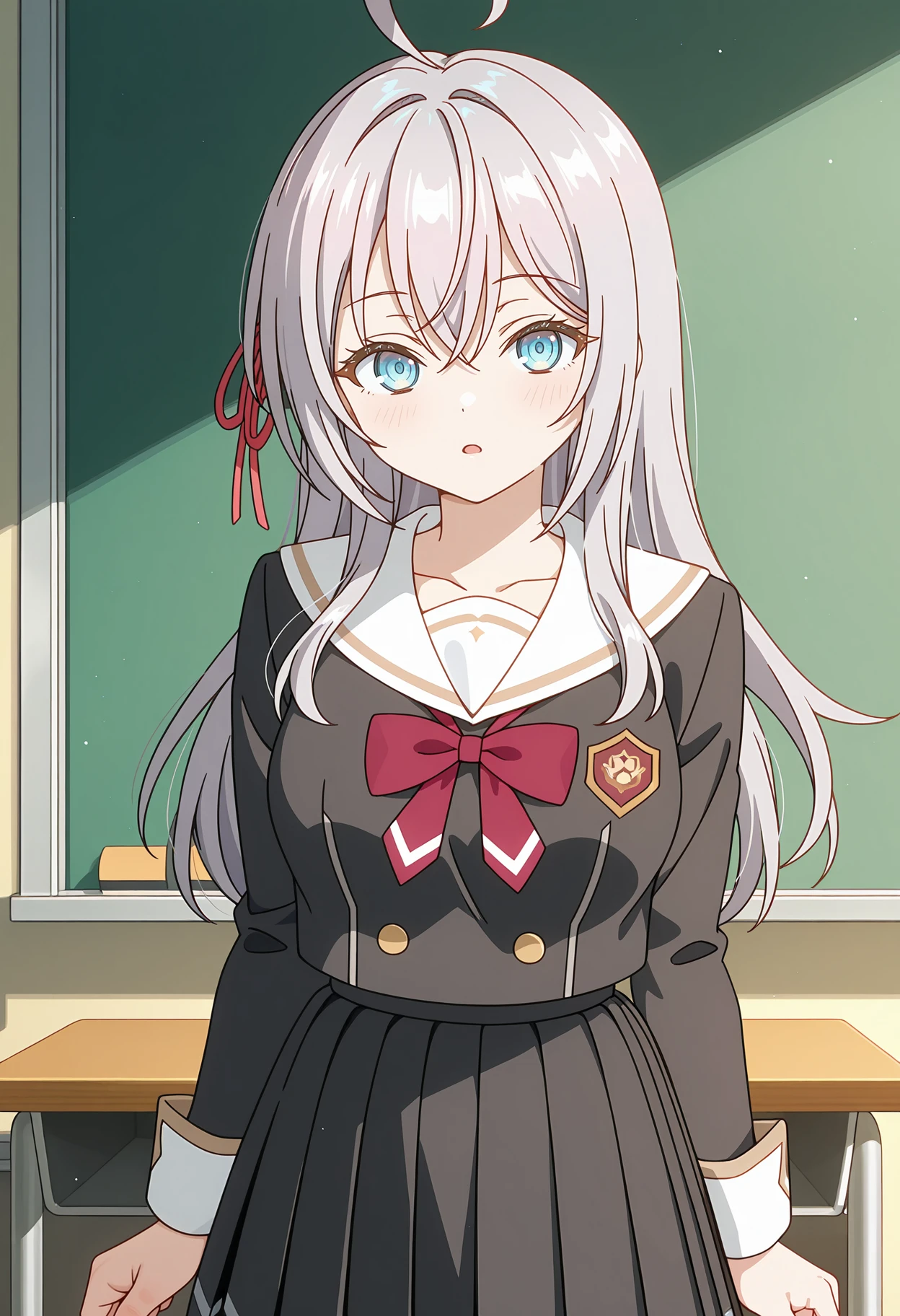 <lora:Alisa Mikhailovna Kujou_v1.0_illustrious-000026:1>,
Alisa Mikhailovna Kujou,ahoge,1girl,school uniform,ribbon,looking at viewer,skirt,hair ribbon,red ribbon,bow,sailor collar,chalkboard,white sailor collar,serafuku,black skirt,shirt,bowtie,pleated skirt,indoors,collarbone,red bow,parted lips,solo focus,classroom,open mouth,long sleeves,solo