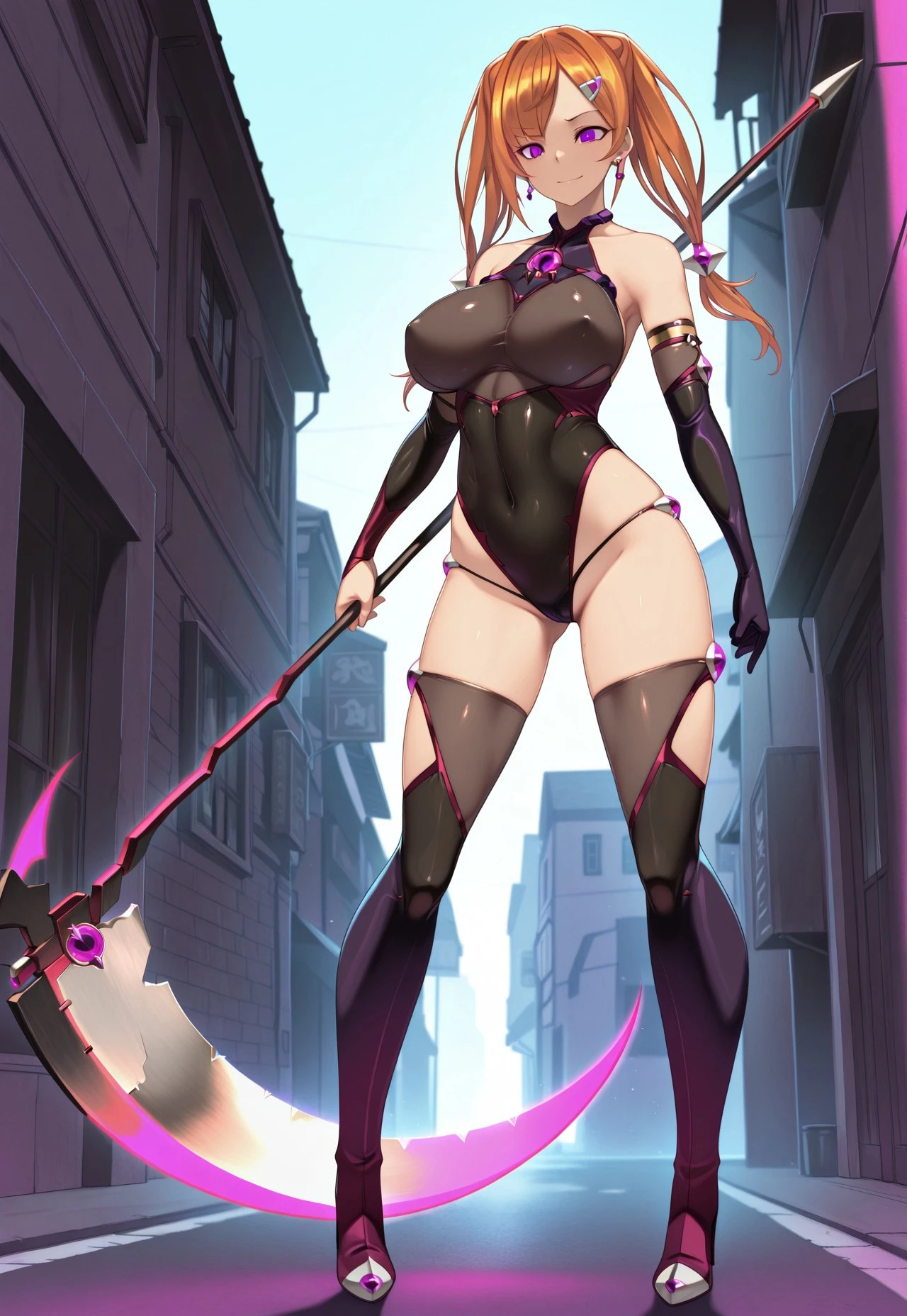 Woman with a spear,Uncomfortable expression， Black and white tights，cropped shoulders，mature，Age 28，brown  hair，Iron boots，plumw，(Alvine:1.8)，Smooth armor，upper legs, nabel，Smooth armor legs,  full body close-up shot, widowmaker, Glow skin, thigh close-up, NSFW version，Thin clothes，Better looks，((nakeness))，(Damaged clothes:2.0)，Leg symmetry，scar，blood stain，The lower abdomen is slightly raised，pregnant women with，Give birth，There is a wound on the leg，mask,